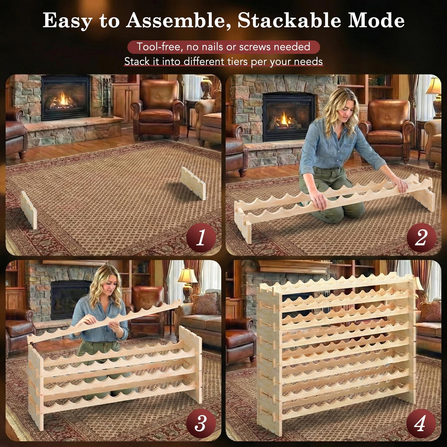 Smartxchoices 96 Bottles Stackable Modular Wine Rack, 8-Tier Wooden Wine Storage Rack Freestanding Wine Holder Display Shelves, Wobble-Free Shelves, Solid Wood