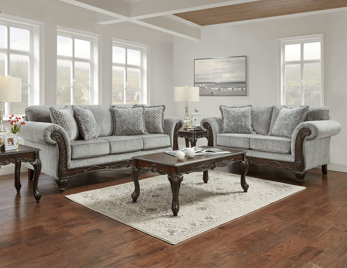 Hernen Carved Wood Frame 5-Piece Living Room Set, Gray