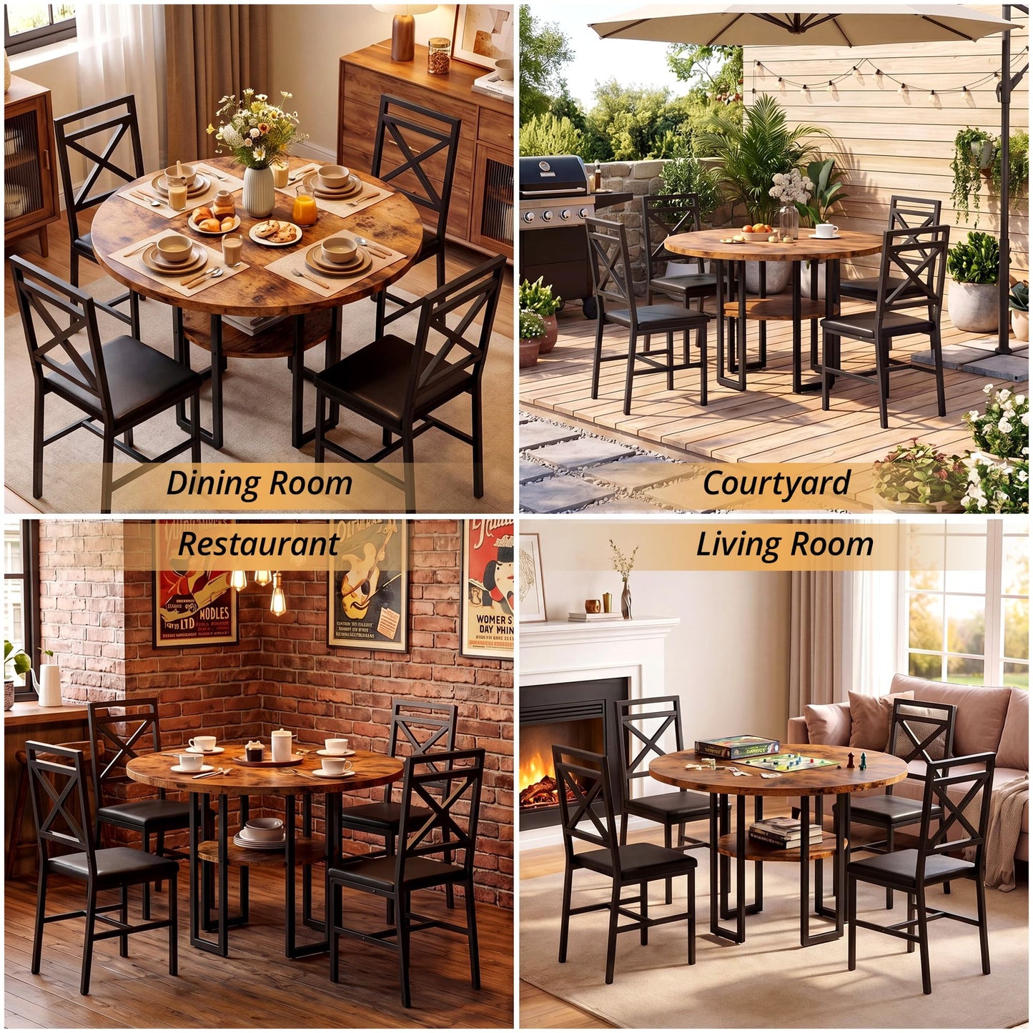 IRONCK Dining Table Set for 4, Round Dining Table and Chairs, Kitchen Table and Chairs for 4, 47 inch Cirecle Dining Room Table with 4 Chairs for Small Space