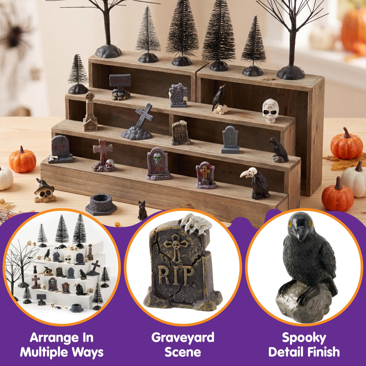 JOYIN 61 Pcs Halloween Village Accessories Set Miniature Graveyard Decorations, Mini Tombstones, Crows, Black Cat, Skulls, Spiders, Fence and Trees for Halloween Town Mini Scene Garden Dollhouse Decor