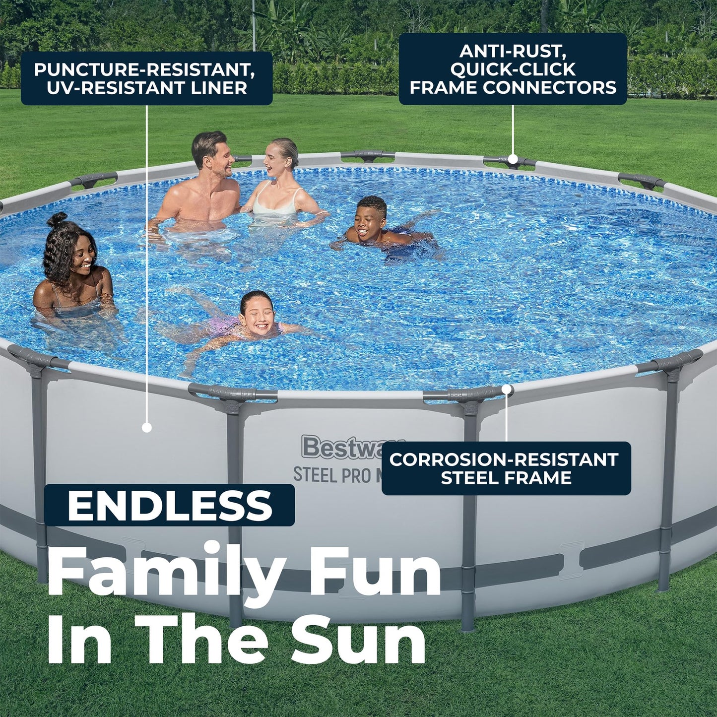Bestway Steel Pro MAX 15' x 42" Above Ground Pool, Round Metal Frame Outdoor Swimming Pool Set with Filter Pump, Ladder, and Cover, Gray