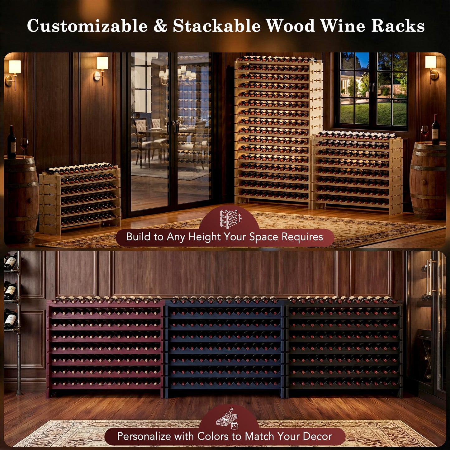 Smartxchoices 96 Bottles Stackable Modular Wine Rack, 8-Tier Wooden Wine Storage Rack Freestanding Wine Holder Display Shelves, Wobble-Free Shelves, Solid Wood