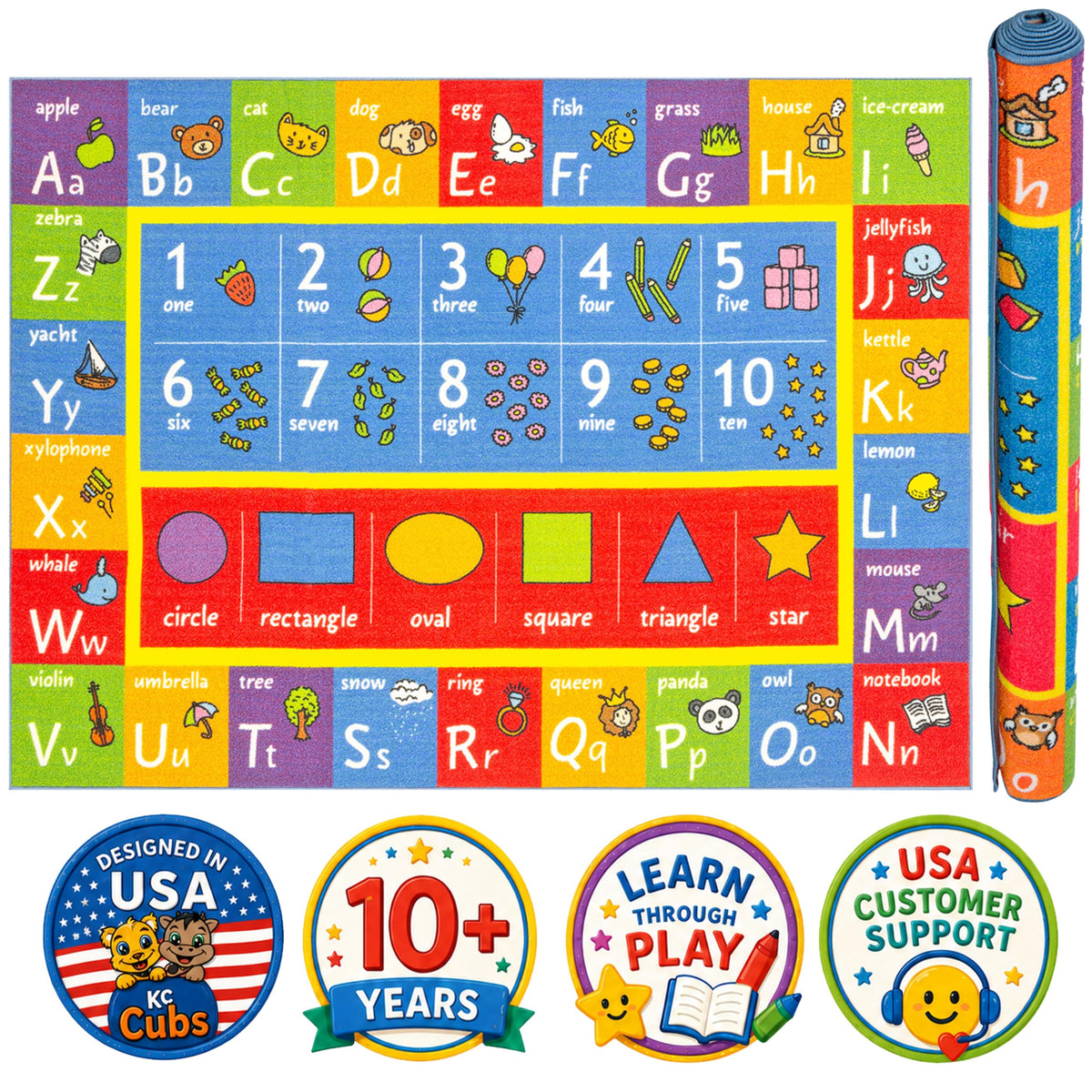 KC Cubs: Educational Rug: ABC Alphabet, Numbers & Shapes - 3x5' Playmat - Interactive Play, Activity Area Carpet, Bedroom-Classroom, Baby-Toddler-Kids