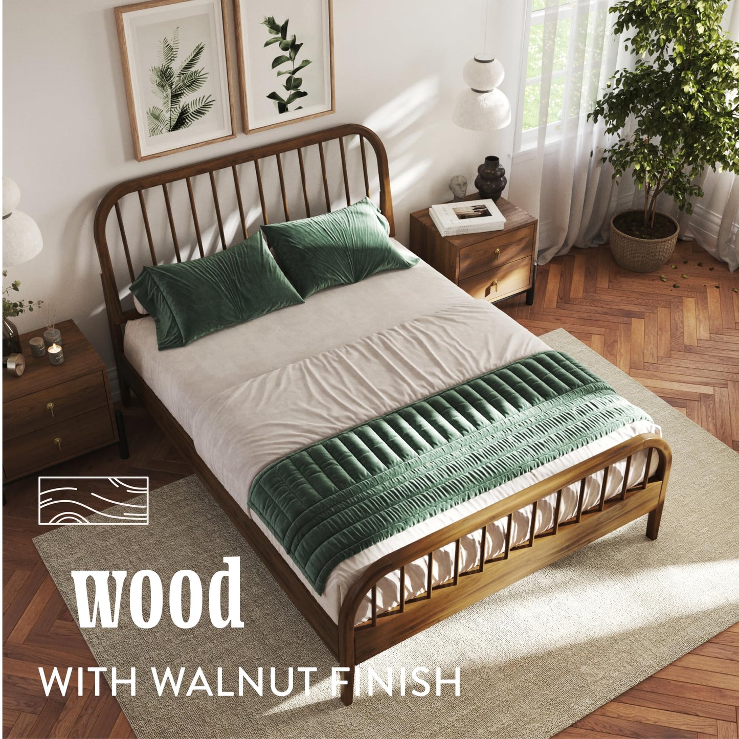 DG Casa Wesley Solid Wood King Size Bed Frame - Mid Century Modern Style, Platform with Spindle Headboard and Footboard, No Box Spring Required, Walnut Finish