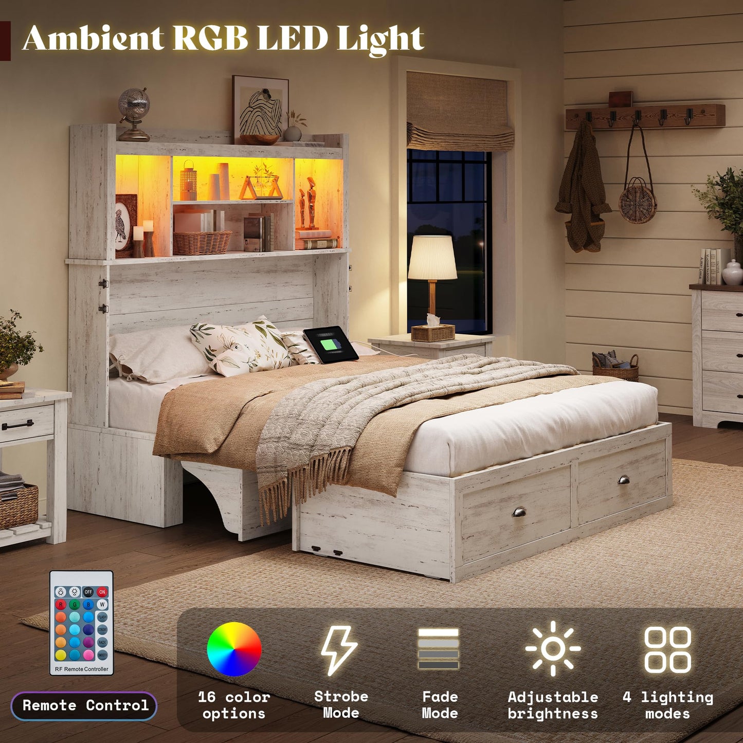AMERLIFE Full Murphy Bed with Bookcase Headboard & LED Light, Farmhouse Cabinet Bed with Storage Drawer, Charging Station and Desk for Home Office/Guest Room/Small Spaces, White
