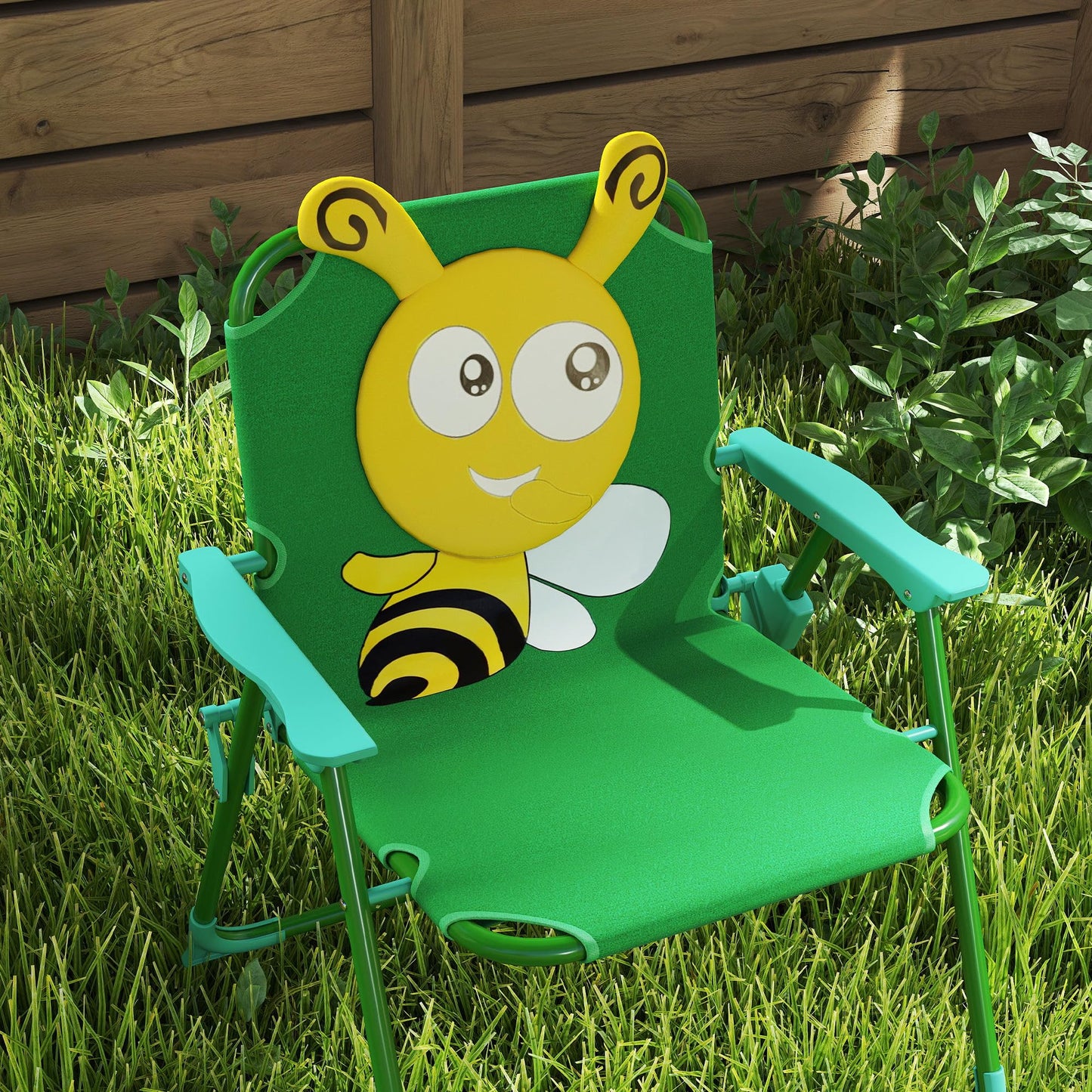 Qaba Kids Picnic Table and Chair Set, Outdoor Activity Table with Foldable Chairs, Removable Umbrella, Bee Pattern Toddler Patio Furniture for Backyard, Garden, Green