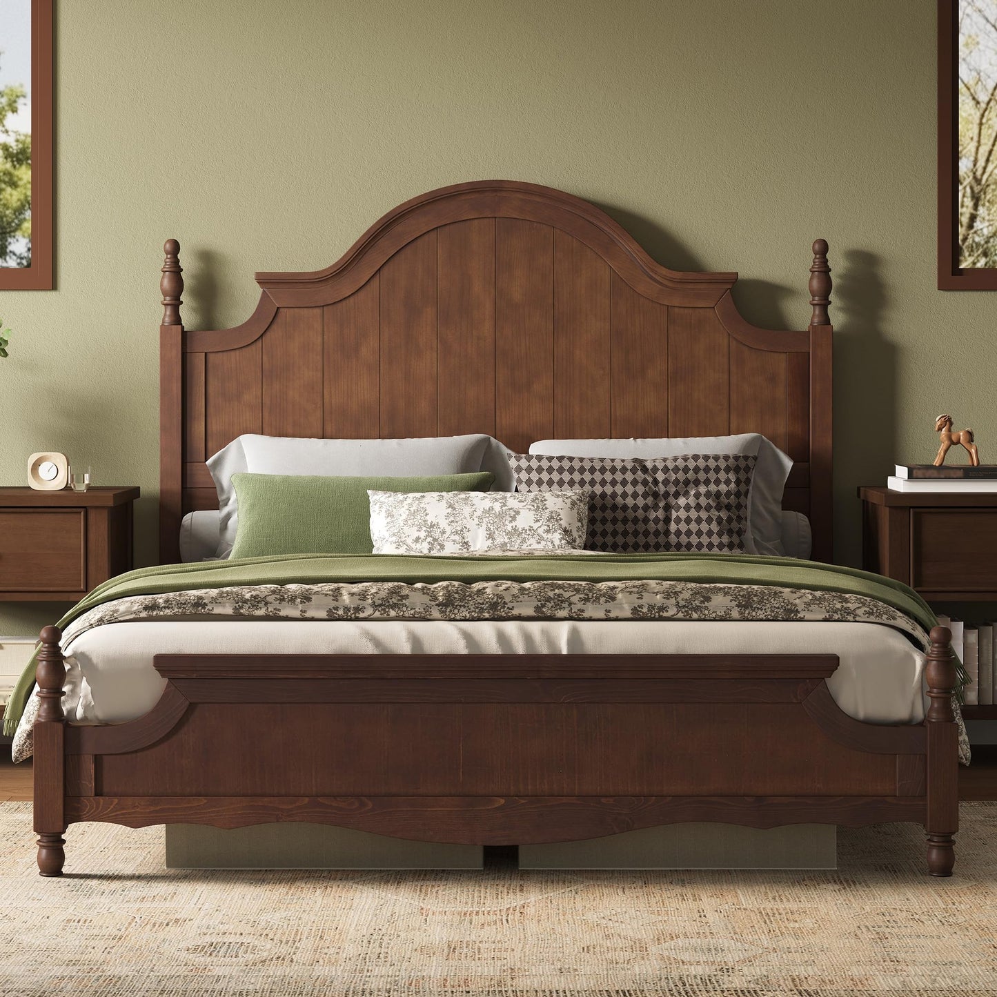 AMERLIFE California King Solid Wood Bed with Arched Headboard, Dark Walnut