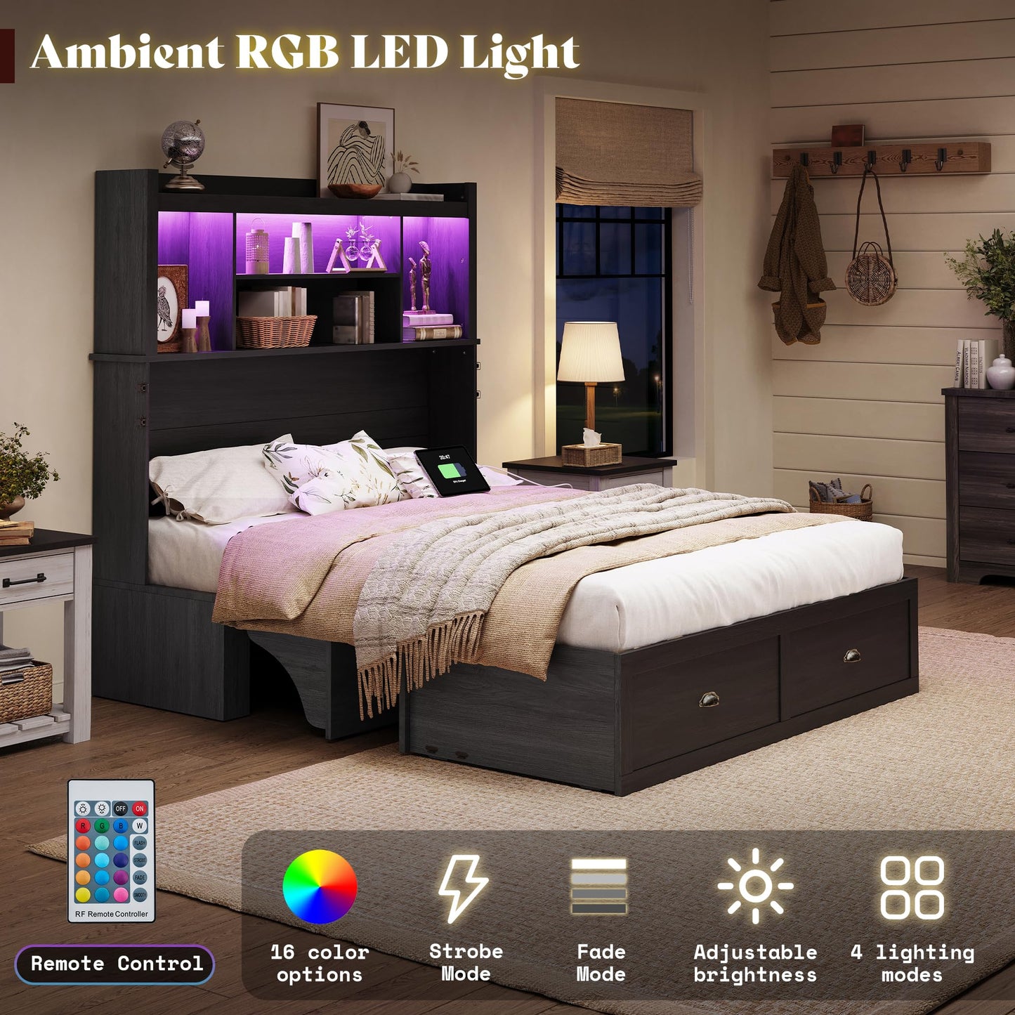 AMERLIFE Full Murphy Bed with Bookcase Headboard & LED Light, Farmhouse Cabinet Bed with Storage Drawer, Charging Station and Desk for Home Office/Guest Room/Small Spaces, Black