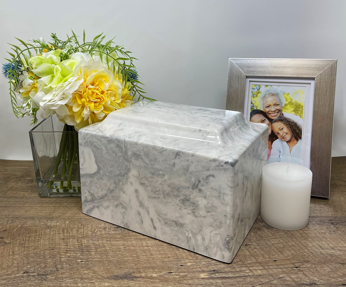 Custom Engraved Mackenzie Urn Vault - Up to Three Line of Custom Engraving Included. Six Different Custom Fonts to Choose from. Cultured Marble Adult Full Size urn. Carrera Color