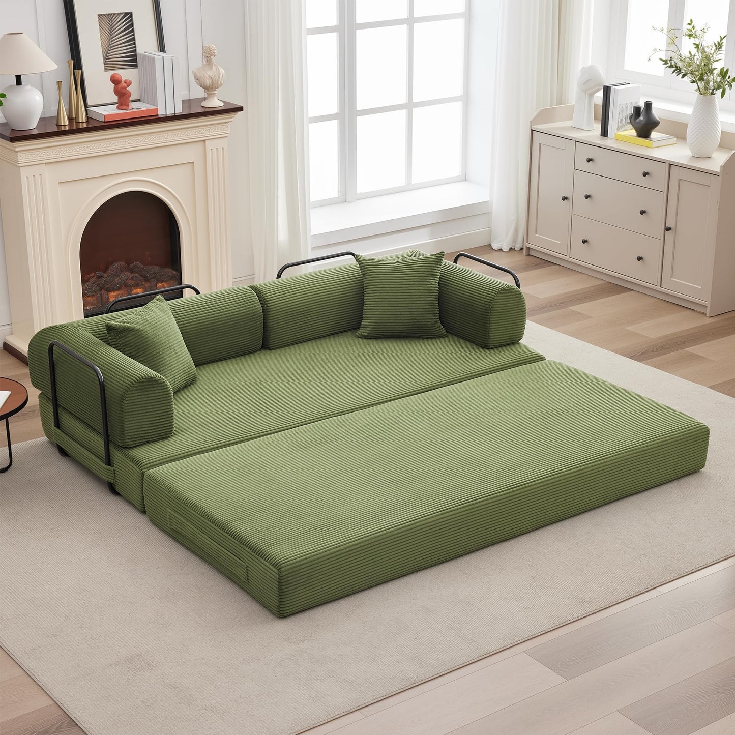 GarveeHome 79" Convertible Sleeper Sofa Bed Couch, 4-in-1 Boneless Corduroy Folding Sofa Bed with Pillow & Fixed-Shape, Floor Mattress Couch Loveseat for Living Room Apartments - No Assembly, Green