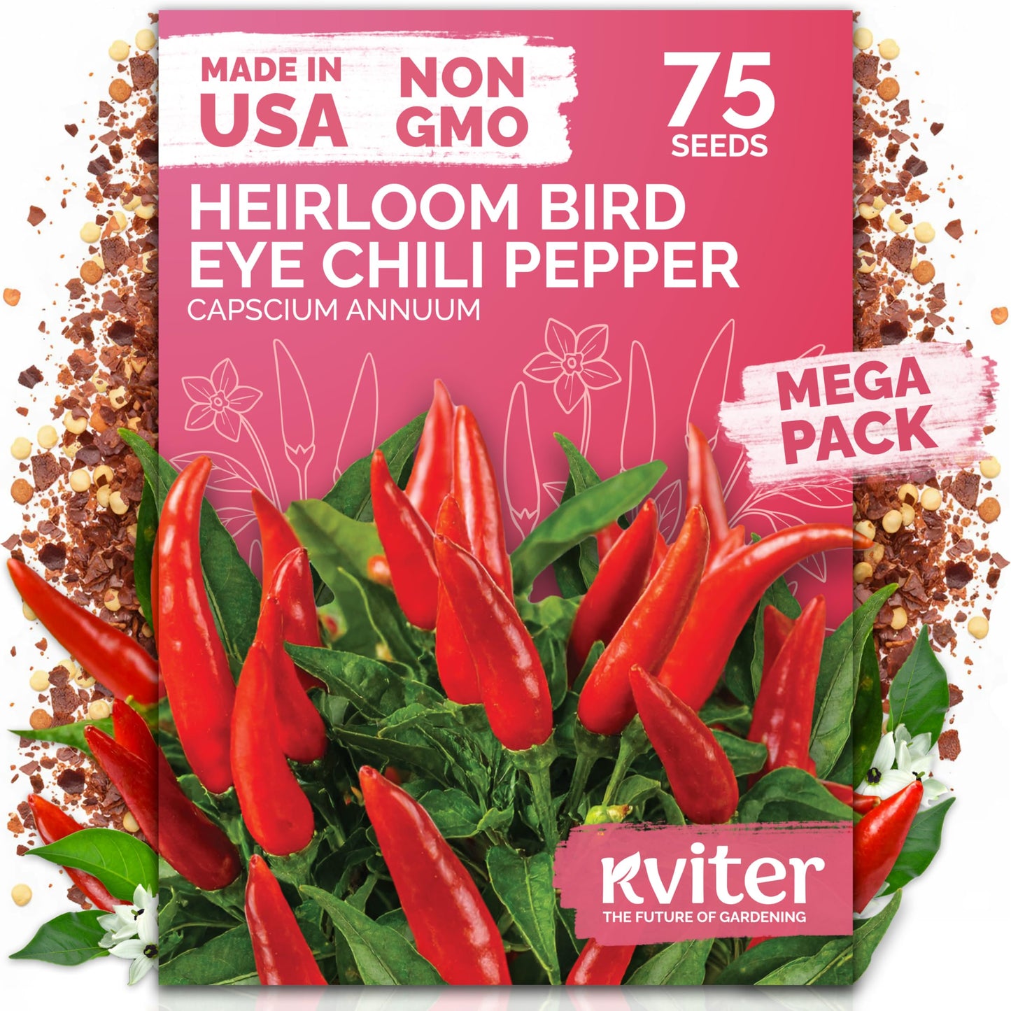 KVITER 75 Birds Eye Chili Pepper Seeds for Planting (Capsicum Annuum) — Thai Chili Red Pepper, Extra‑Hot 50K-100K SHU, High‑Yield Bush — Heirloom Vegetable Seeds for Outdoor & Indoor Garden