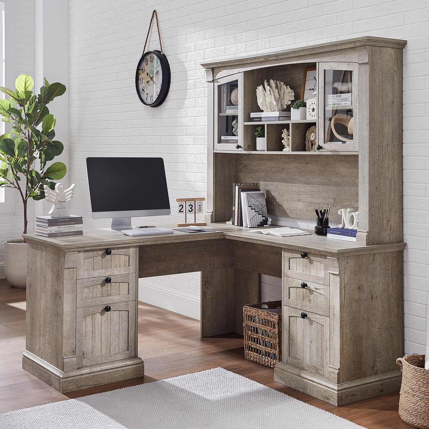 OKD 60" Farmhouse Desk Hutch, Glass Door Storage Cabinet, Gray Oak