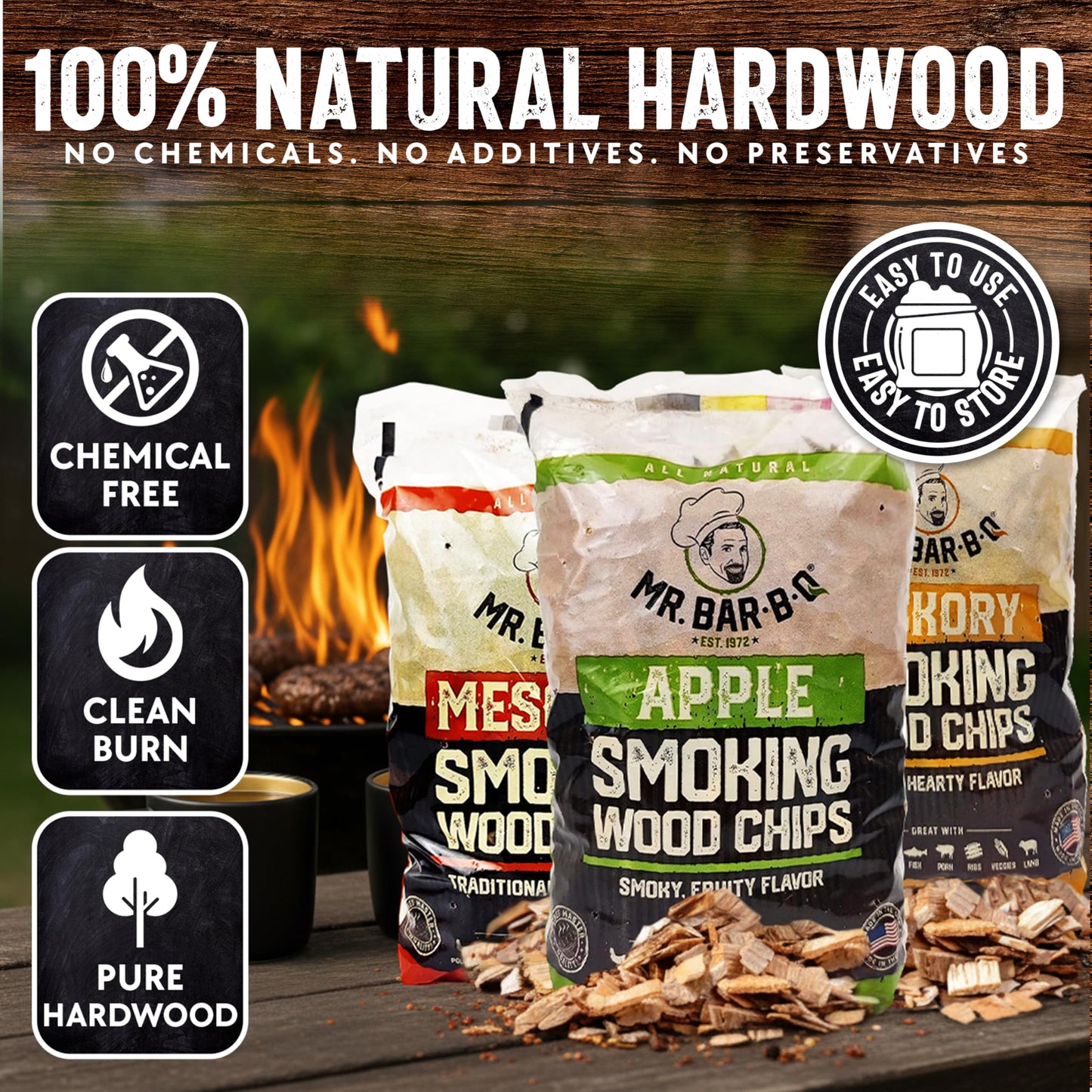 Wood Smoker Chips Bundle of 3 Flavors - Apple, Mesquite & Hickory Wood Chips by Mr. Bar-B-Q, Can be Used on Gas & Charcoal Grill, Variety of Flavors for Smokers, Grilling, BBQ, Camping(3 x 1.8 Lb Bag)