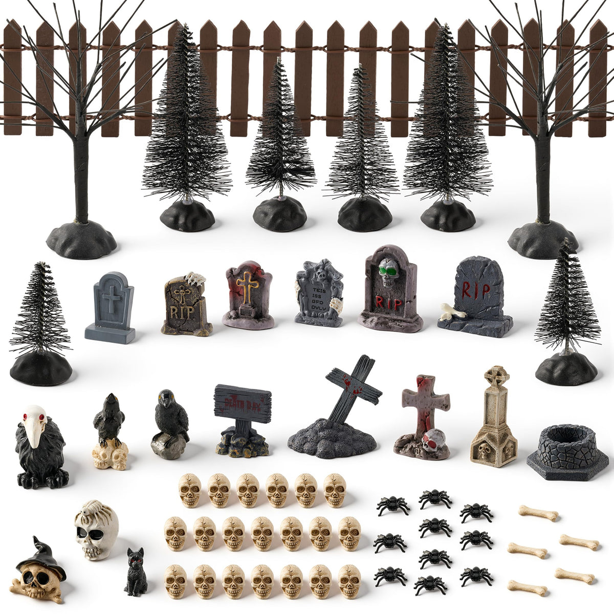 JOYIN 61 Pcs Halloween Village Accessories Set Miniature Graveyard Decorations, Mini Tombstones, Crows, Black Cat, Skulls, Spiders, Fence and Trees for Halloween Town Mini Scene Garden Dollhouse Decor