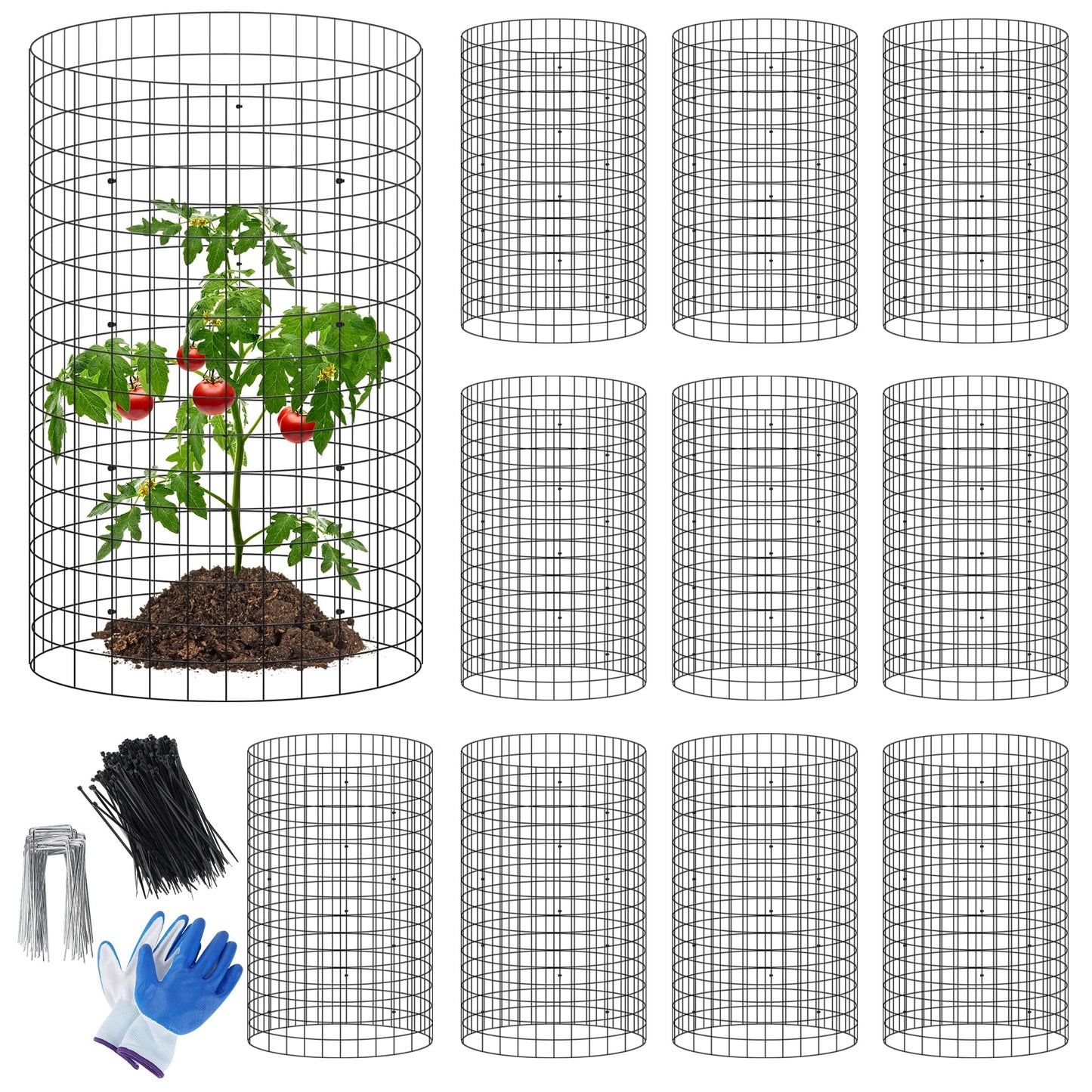winemana 12 Set Garden Plant Protector Cage,36 Pcs 16x12 in Metal Wire Protectors for Plants Protection Cages with Stakes Ties Animals Barrier to Keep Rabbit Chicken Away from Flower Vegetables(Black)
