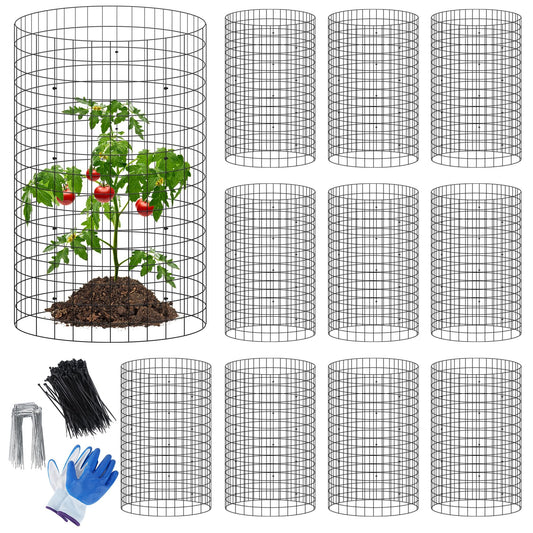 winemana 12 Set Garden Plant Protector Cage,36 Pcs 16x12 in Metal Wire Protectors for Plants Protection Cages with Stakes Ties Animals Barrier to Keep Rabbit Chicken Away from Flower Vegetables(Black)