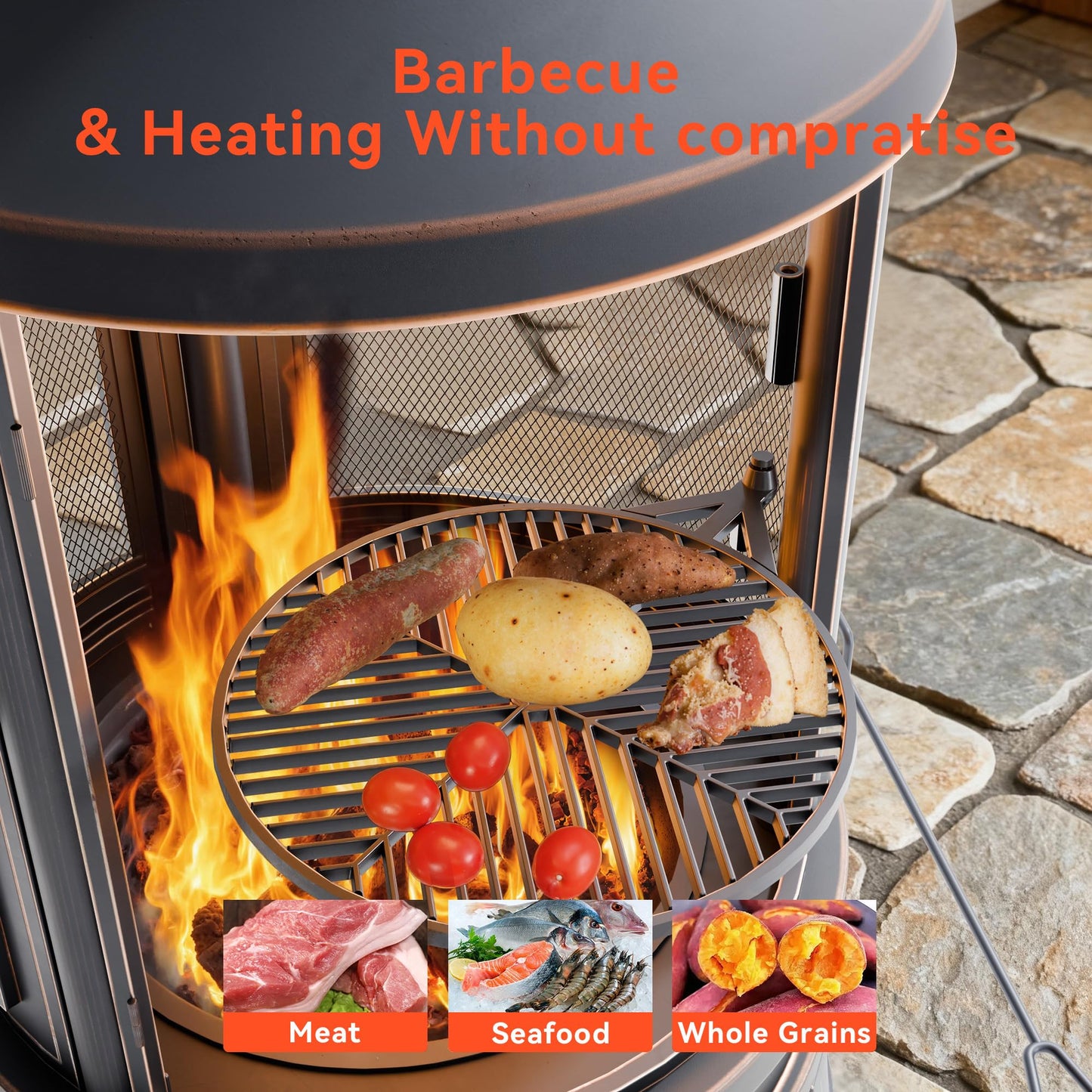 ASJMR Metal Outdoor Fire Pit for Outside Wood Burning，24 Inch Chiminea Outdoor Fireplace with Adjustable Grill Tray, Spark Screen Door & Fire Poker, for Patio, Garden, Backyard