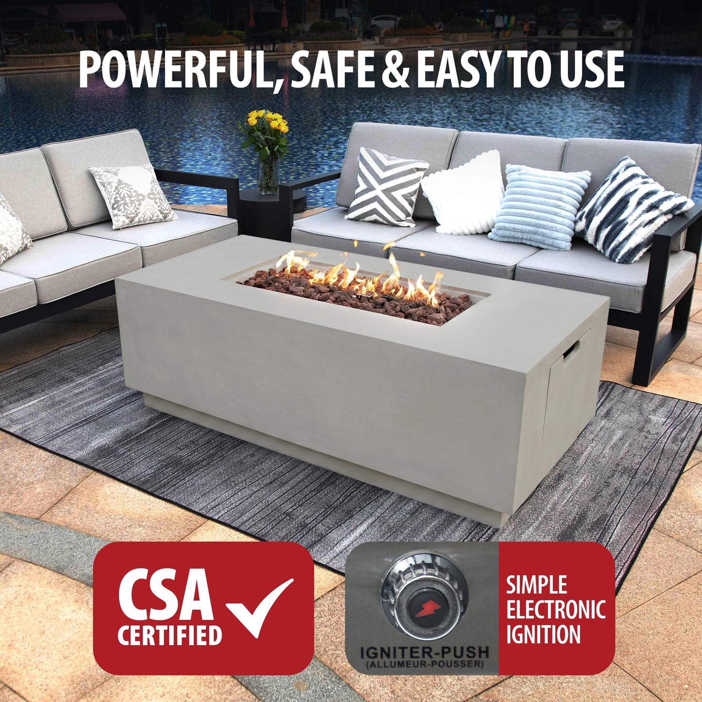AMS 66" Rectangular Propane Fire Pit Table for Outdoor Patio (Light Gray)