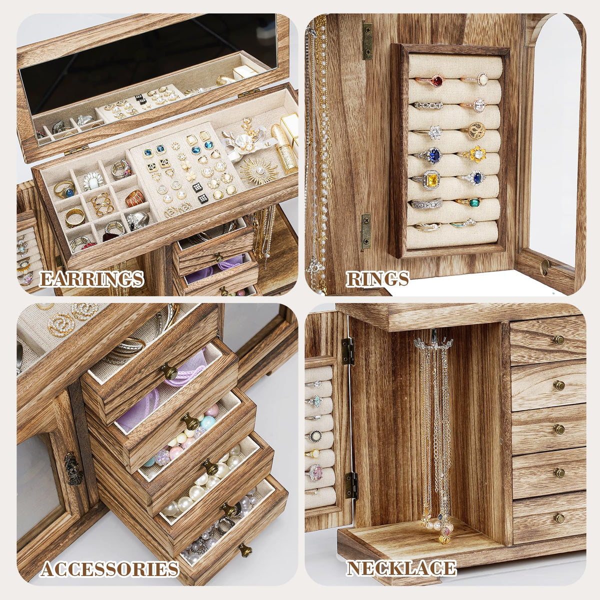 Miratino Jewelry Box for Women Girls, Rustic Wooden Jewelry Organizer Box with Mirror, 5 Layer Jewelry Storage Case Display for Necklaces Earrings Rings Bracelets Valentine's Day Gifts
