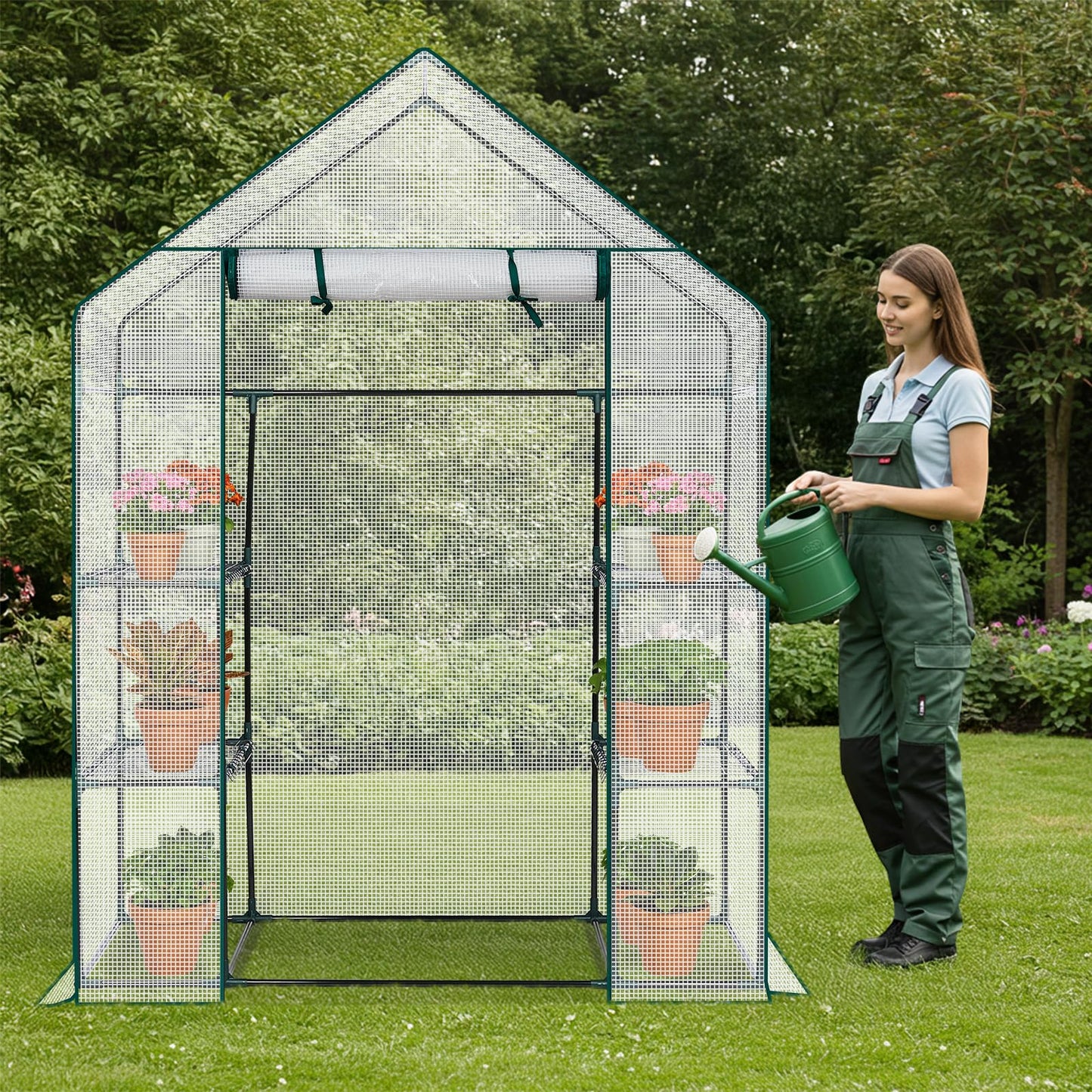 Greenhouse for Outdoors,Walk in Plant Greenhouses with Shelves,Heavy Duty with Durable PE Cover,Plant Stands Portable Green House for Garden Plants (White)