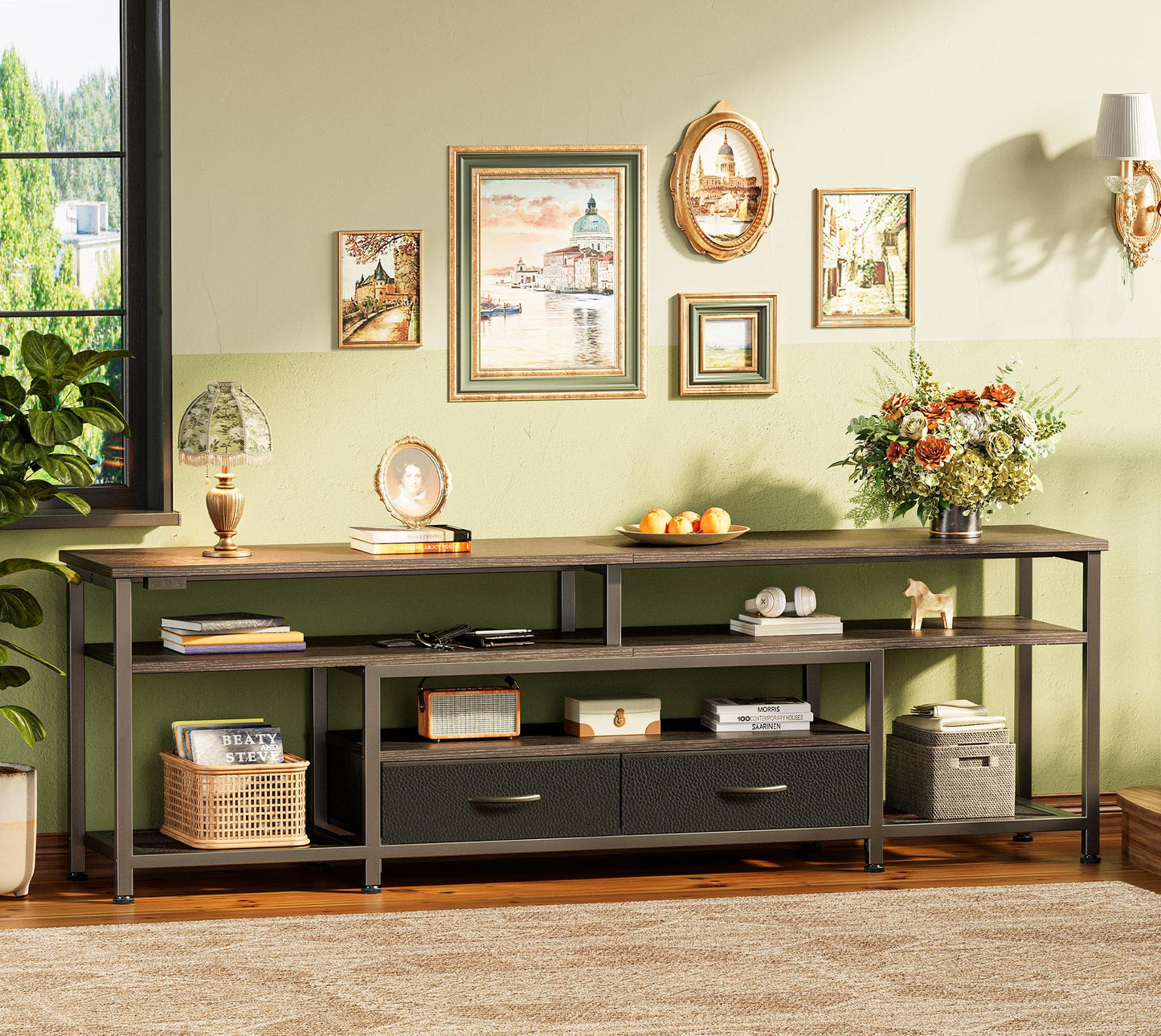 Huuger 63 Inch LED TV Stand for 65 70 Inch TV, Entertainment Center with Open Shelves and Power Outlets, TV Console for Living Room, Media Console with Drawers, Black