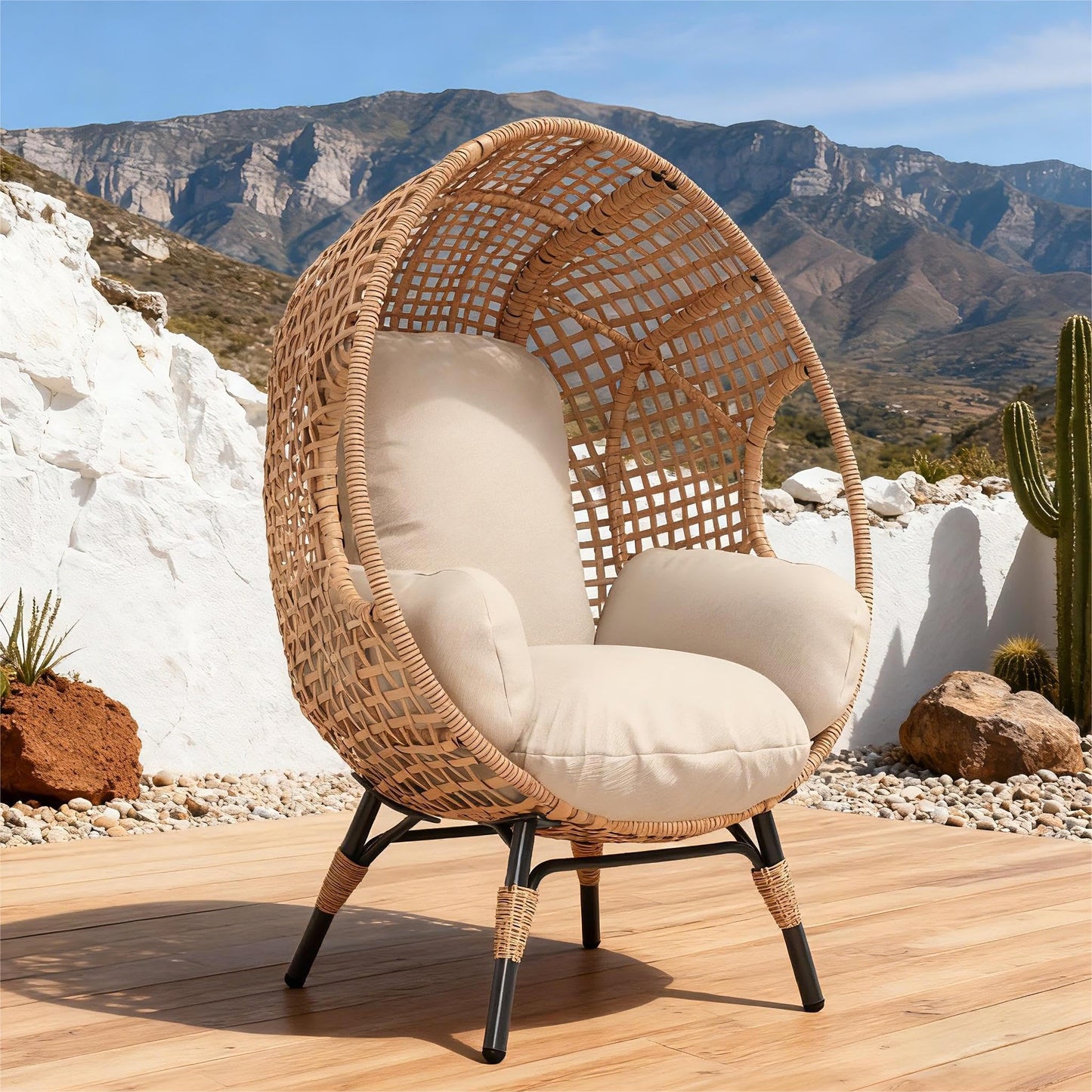 Elegant Arc Back Hanging Egg Chair, 400lb Capacity Patio Swing with 8-Inch Cushion, PE Rattan Outdoor Indoor Chair for Garden Lounge