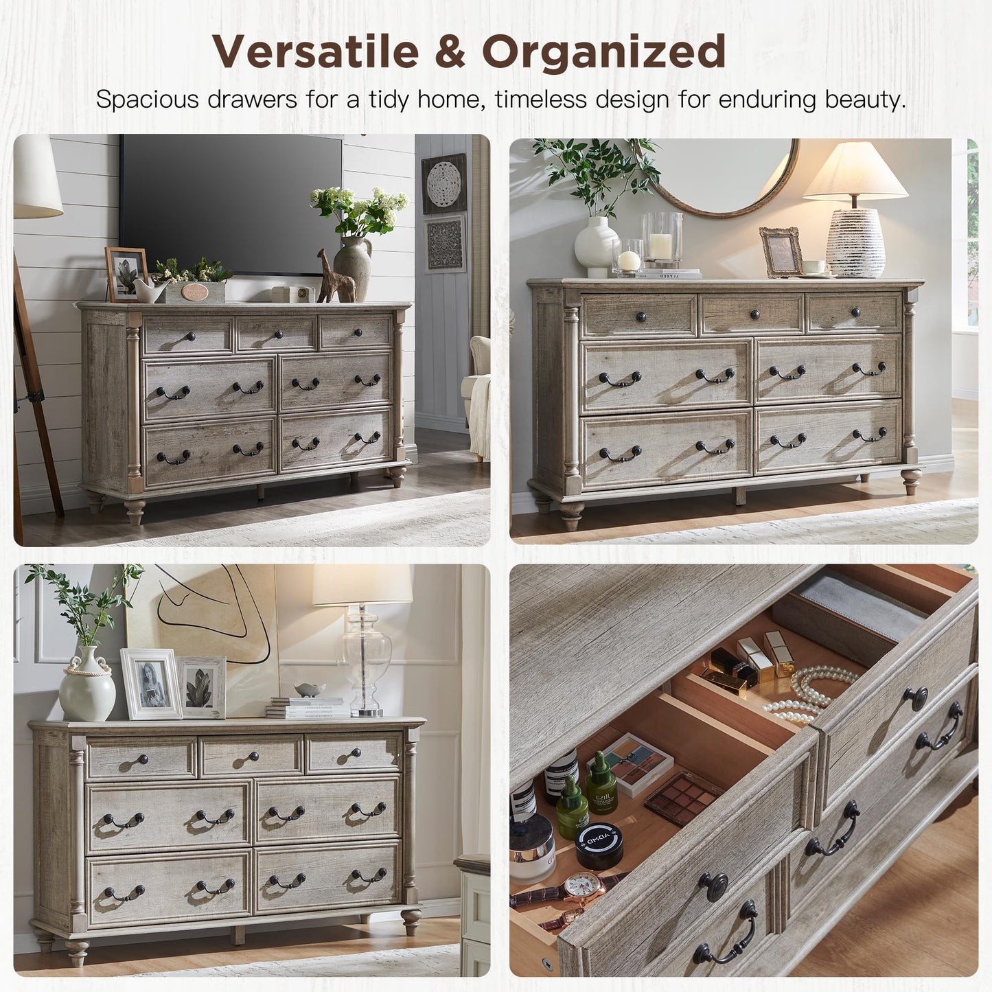 T4TREAM Farmhouse 7 Drawers Dresser Chests for Bedroom w/ 4 Column Solid Wood Feet, Tall Wide Wood Country Rustic Chest of Drawers, Storage Dressers for Bedroom, Living Room, Light Rustic Oak