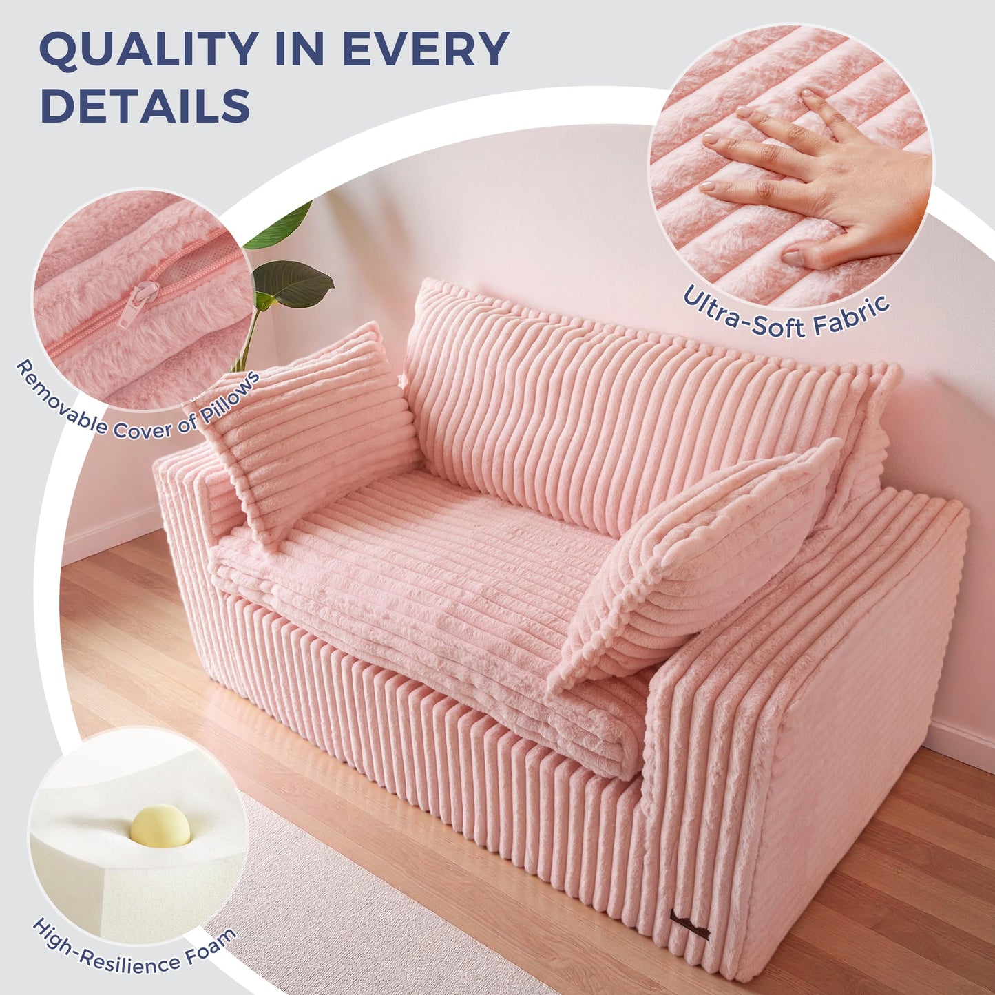 MAXYOYO 59" Bean Bag Sofa Couch, Loveseat Boneless Couch in a Box, Upholstered Small Mini Sofa with Deep Seating for Living Room Bedroom Office Apartment, No Assembly, Pink