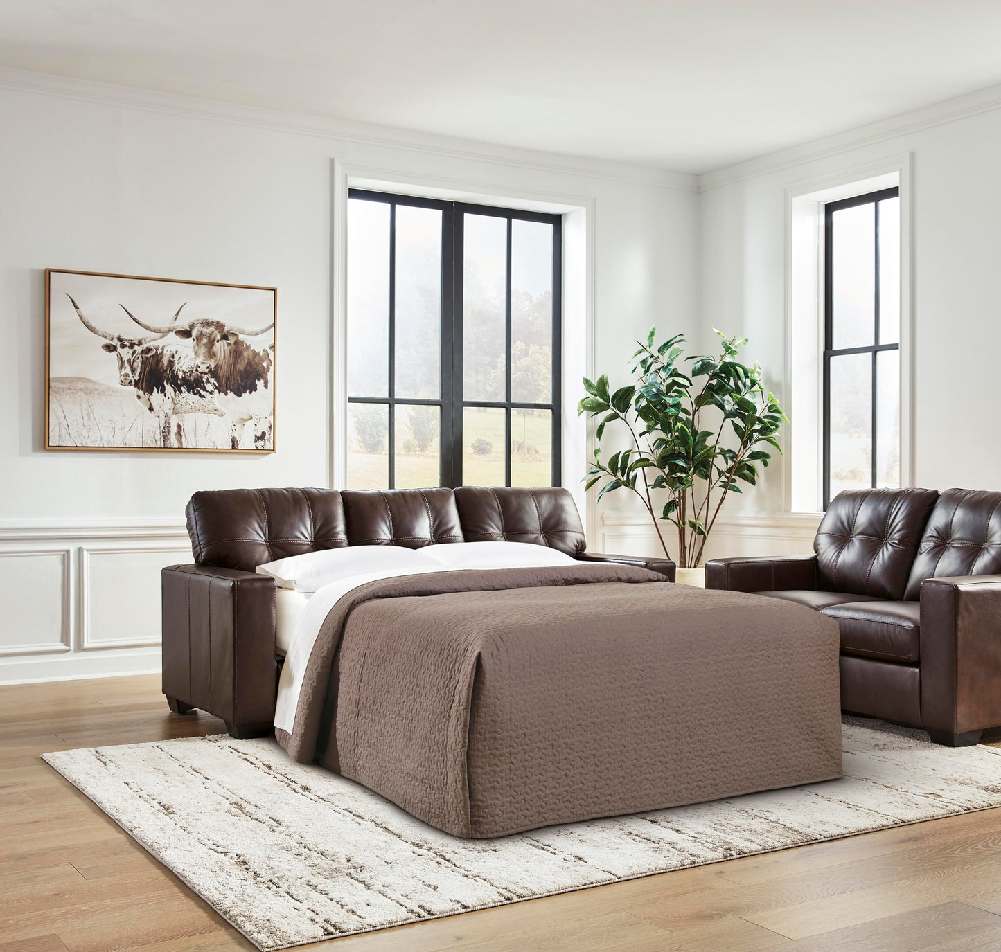 Signature Design by Ashley Santorine Classic Leather Match Tufted Sofa Sleeper with Removable Seat Cushions and Bi-Fold Memory Foam Mattress, Queen, Dark Brown