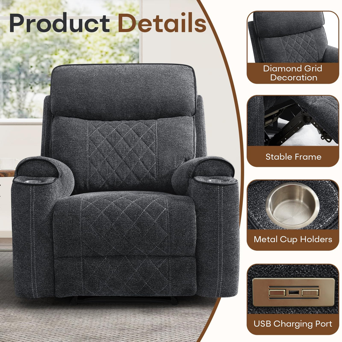 HAOMARKETS 3-Piece Power Recliner Sofa Set with Charging Port, Include Single Recliner Chair, 2-Seater Loveseat Reclining Couch and 3-Seater Reclining Sofa with Cup Holders for Living Room, Dark Grey