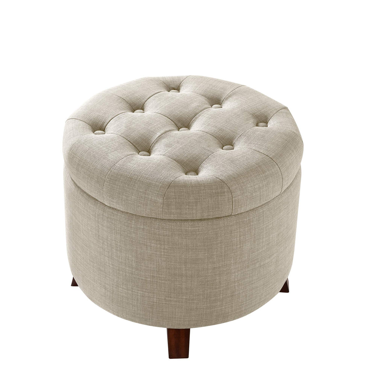 Amazon Basics Round Storage Ottoman Foot Rest, Button Tufted Upholstered Footstool with Storage, Sturdy Linen Fabric for Living Room and Bedroom, 20" x 17", Beige