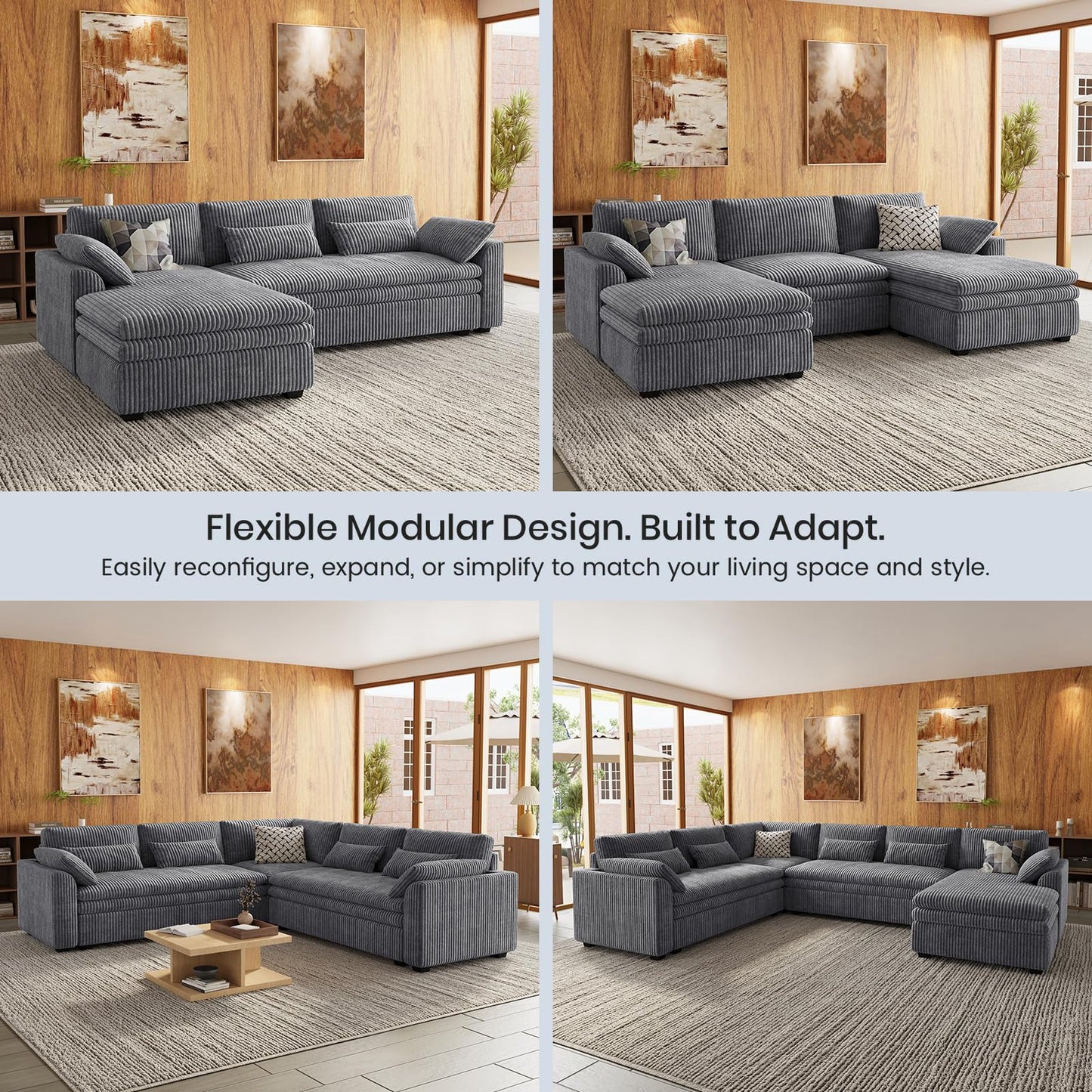 Belffin Large Modular Sectional Sofa with Double Deep Chaise, 135" Corduroy U Shaped Sectional Couch with 9" Soft Dual-Layer 6 Seats U Shaped Couch for Living Room, Apartment, Light Grey