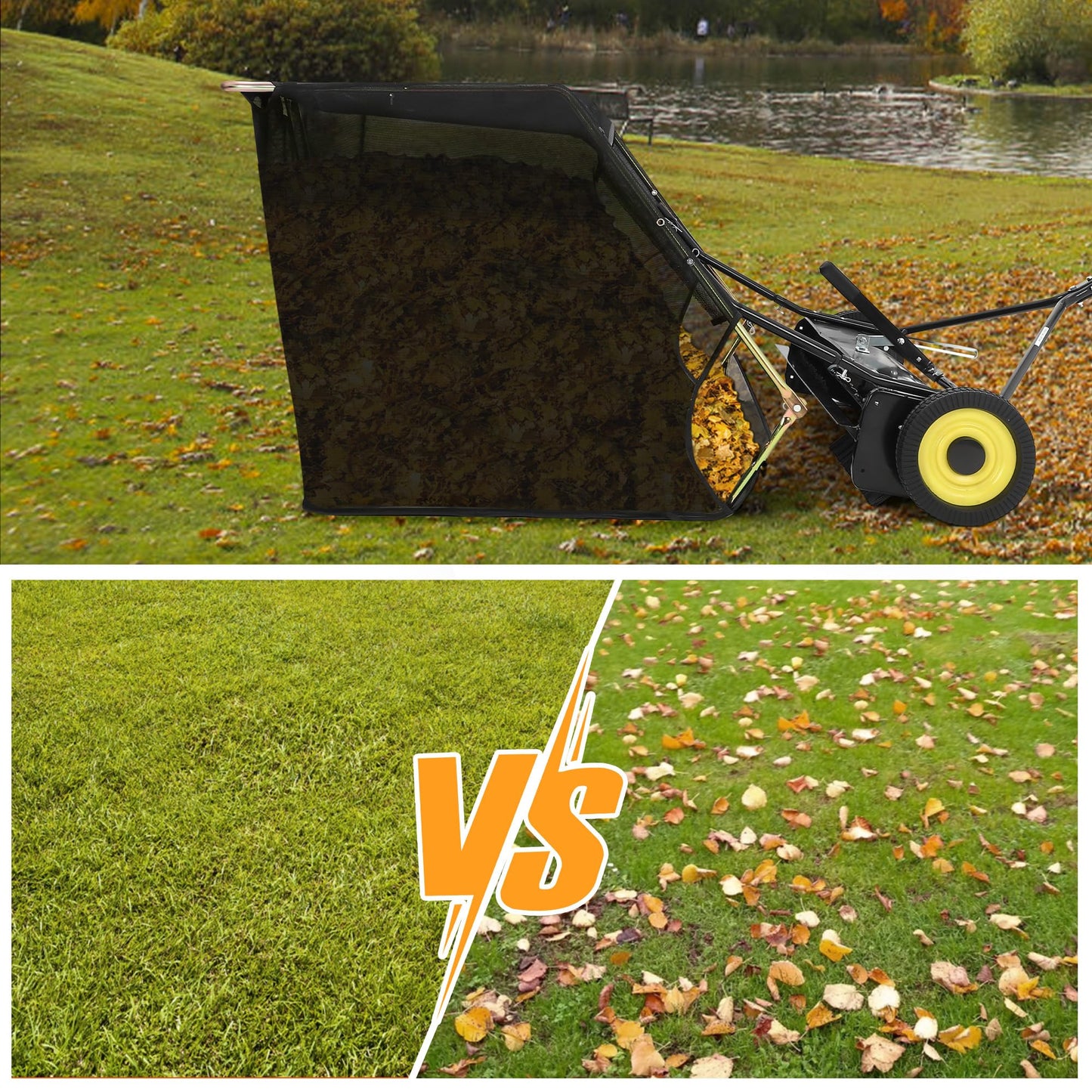 44" Pull Behind Lawn Sweeper, Large Capacity 26 Cu. ft. Leaf & Grass Collector with Adjustable Brush Height, Foldable Design, Dumping Rope for Picking Up Grass and Debris