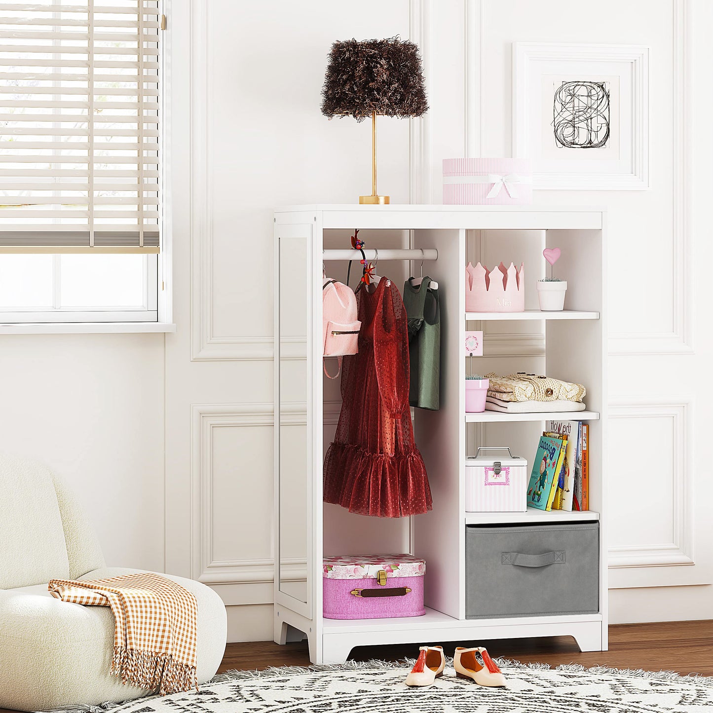UTEX Kids Dress Up Storage with Full Length Mirror, Kids Armoire with 2 Storage Bins, Opening Hanging Costume Closet Wardrobe, Pretend Storage Closet Armoire Dresser