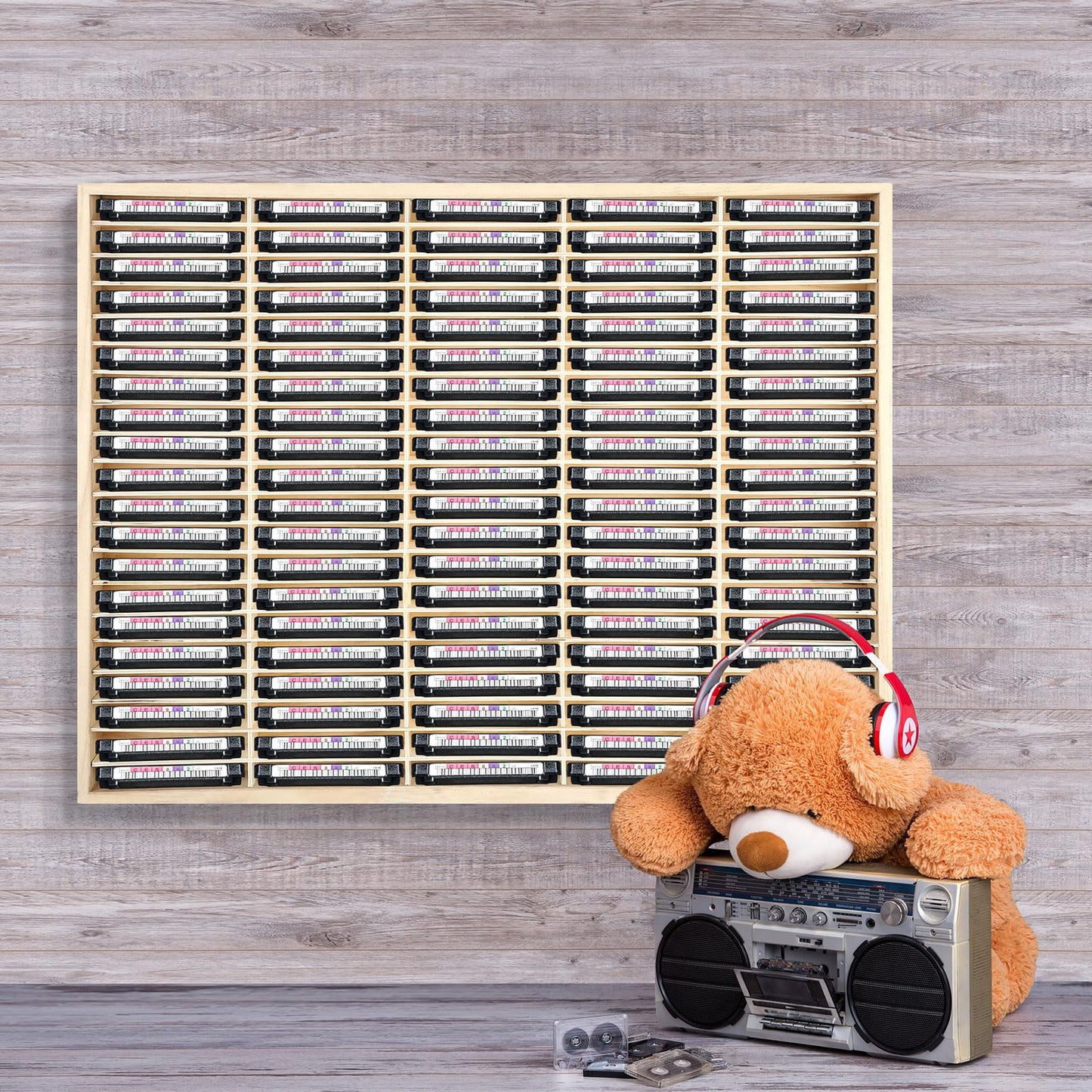 Marsui 100 Slot Wooden Cassette Tape Storage Organizer Rack Audio, Wood