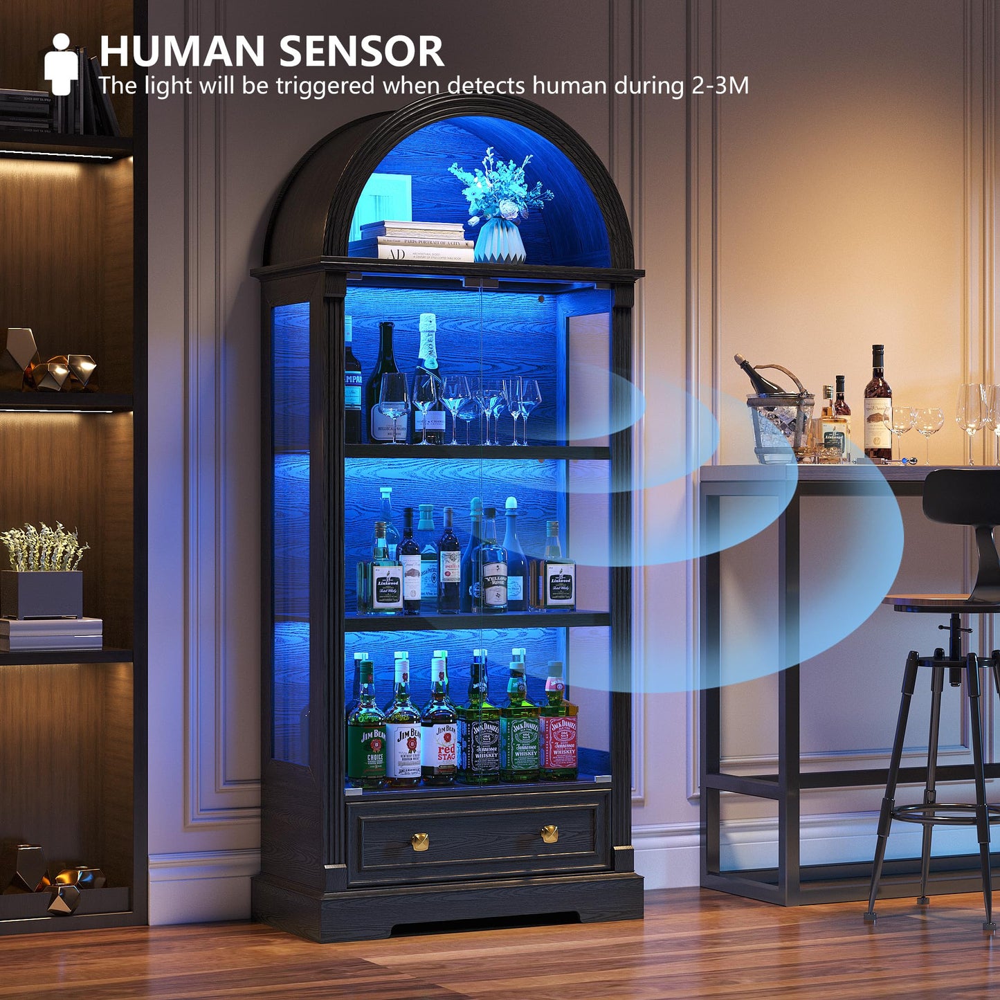 Black Curio Cabinet with Glass Doors, 72" Tall Arched Display Cabinet with Human Sensor Lights, 4-Tier Display Case for Collectibles Bookcase Living Room