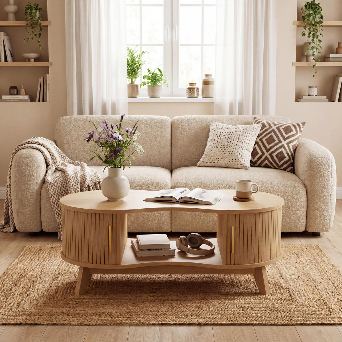 Homiflex Coffee Table, Dual Oval Coffee Table for Living Room, 47In Natural