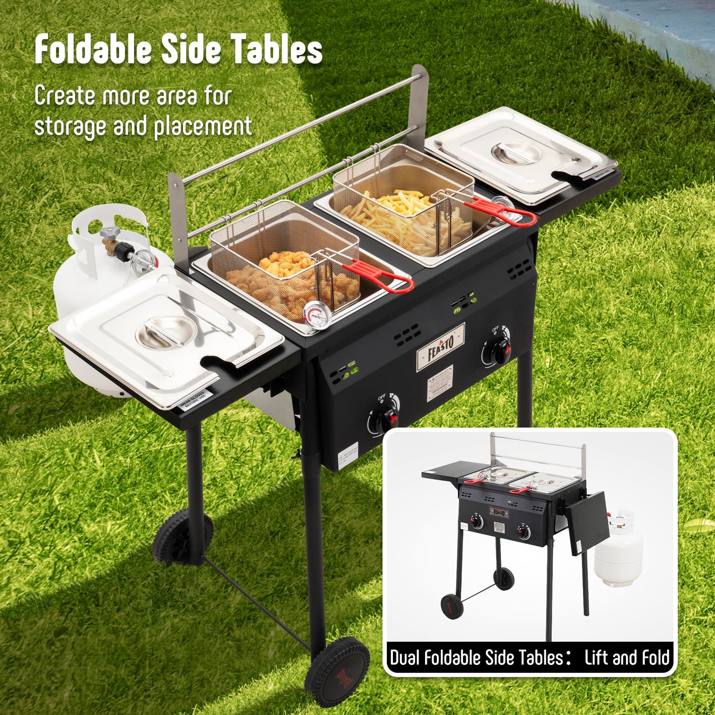 Feasto Outdoor Propane Deep Fryer, Dual Tank with Dual Independent Cast Iron Burners and Thermometers, Removable Fryer Pot, Baskets & Lids, Movable Propane Fryer Cart with Regulathor, 50000 BTU