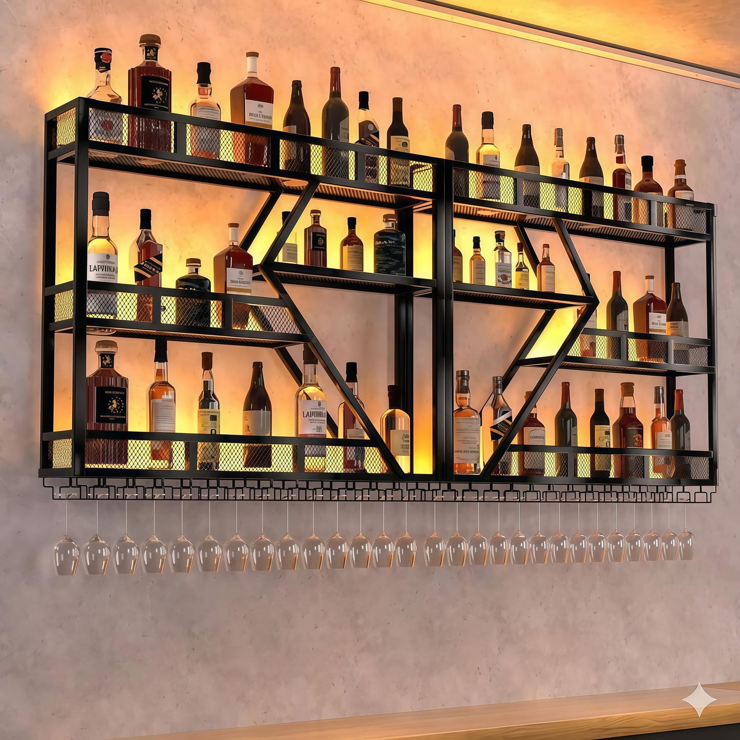 71in Wall Mounted Liquor Shelves with LED Lights, Industrial Metal Wall Bar Rack with Wine Glass Holder, Large Bottle Display Shelf for Home Kitchen (Black)