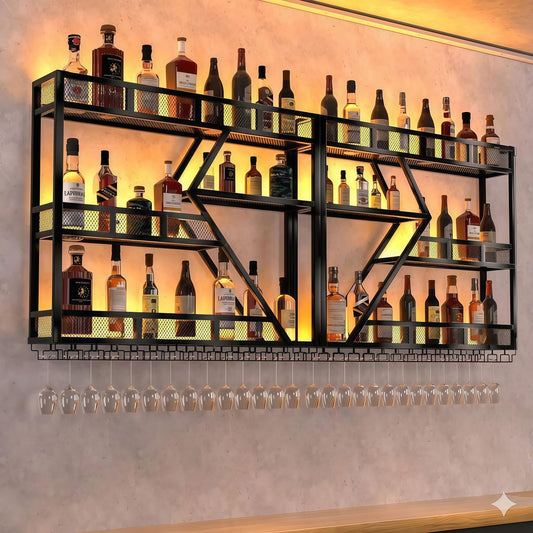 71in Wall Mounted Liquor Shelves with LED Lights, Industrial Metal Wall Bar Rack with Wine Glass Holder, Large Bottle Display Shelf for Home Kitchen (Black)
