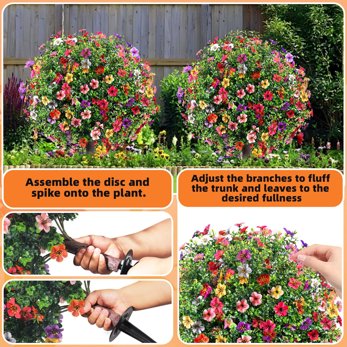 27.5" Artificial Flowers Boxwood Topiary Ball Tree Set of 2, UV Resistant Fake Bushes Shrubs with Ground Spike, Faux Evergreen Tree for Front Porch Outdoor Garden Decor