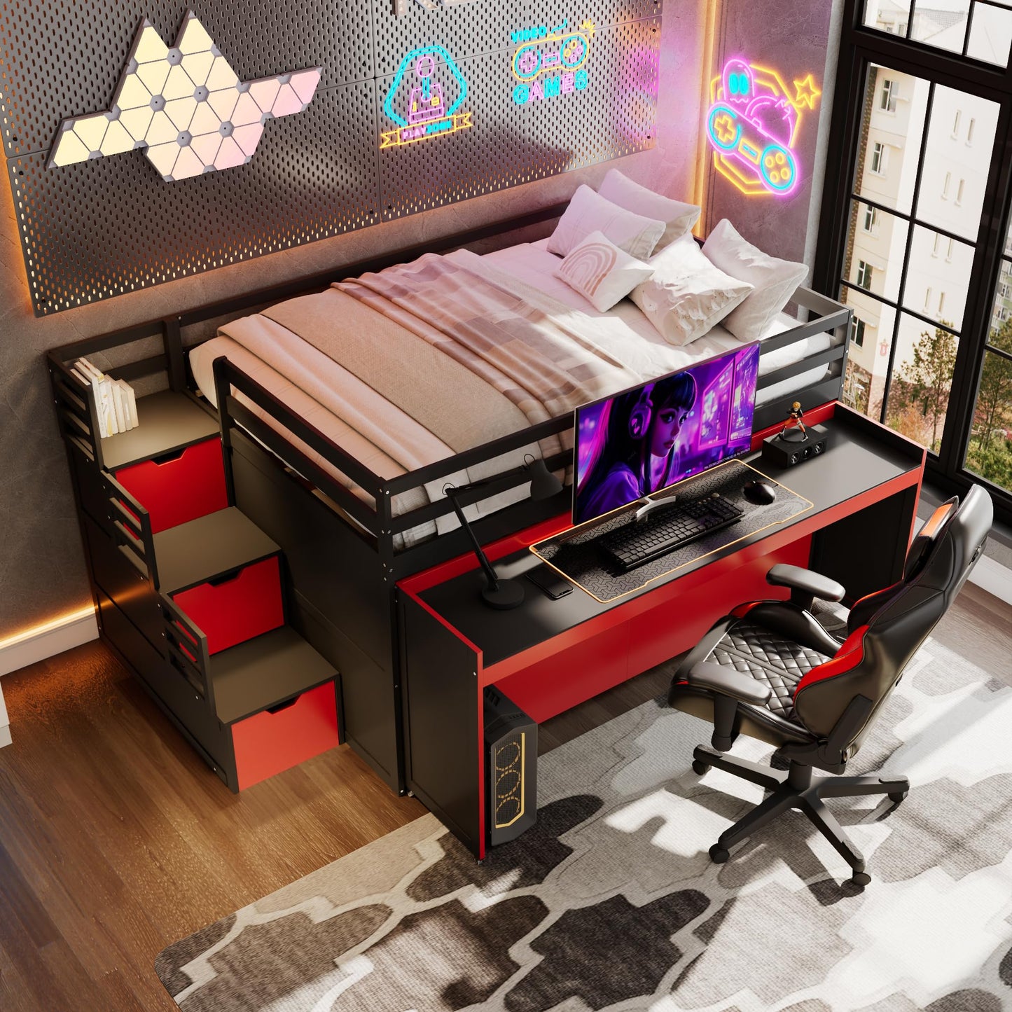 Virubi Full XL Loft Bed with Pull-Out Desk and Twin Trundle, Multi-Functional Bunk Bed with Storage Steps & 2 Drawers, Space-Saving Gaming & Workstation Bedframe (Black+Red, Full XL)