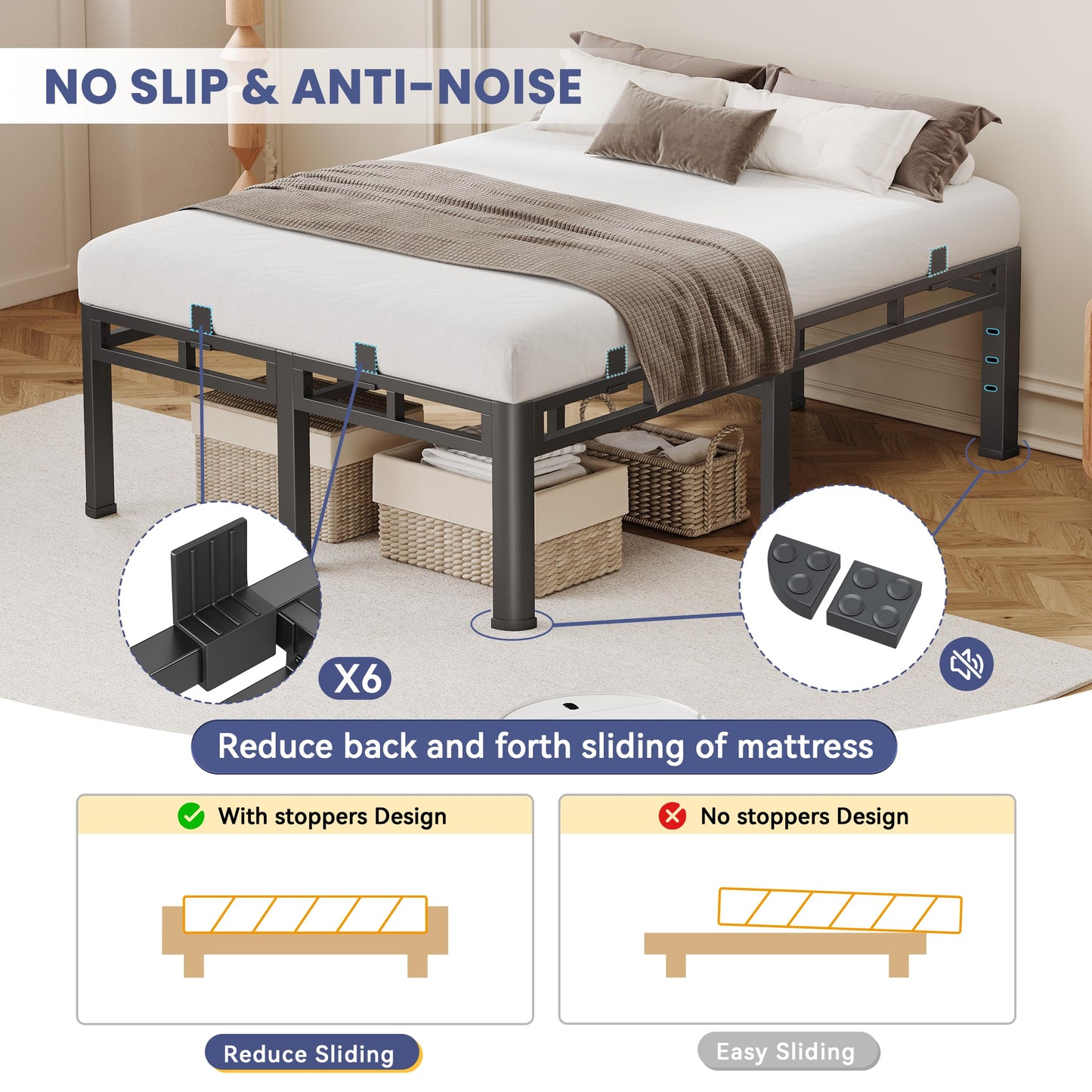 Anyroom 20 Inch Cal King Bed Frame, Double Layer Heavy Duty Metal Bedframe 4000 lbs Capacity, Platform Bed Frames with Headboard Holes, Round Corner Legs, Mattress Slide Stopper, Easy Assembly，
