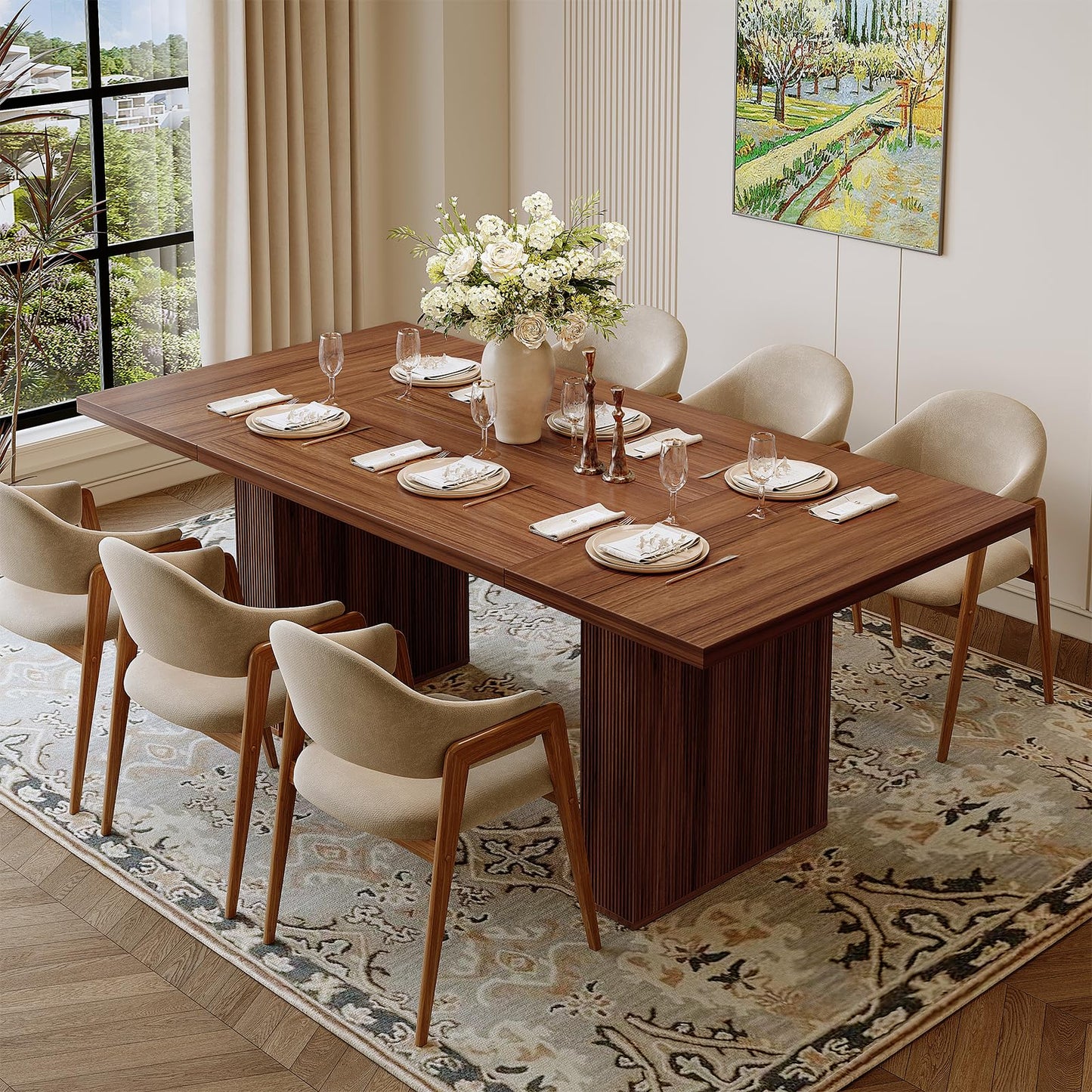Miereirl 78 Inch Rectangular Dining Table for 6-8 People, Large Modern Farmhouse Kitchen Table with Grooved Wood-Strip Base, Perfect for Dining Room or Family Gathering, Walnut
