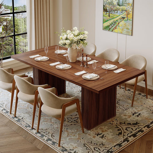 Miereirl 78 Inch Rectangular Dining Table for 6-8 People, Large Modern Farmhouse Kitchen Table with Grooved Wood-Strip Base, Perfect for Dining Room or Family Gathering, Walnut