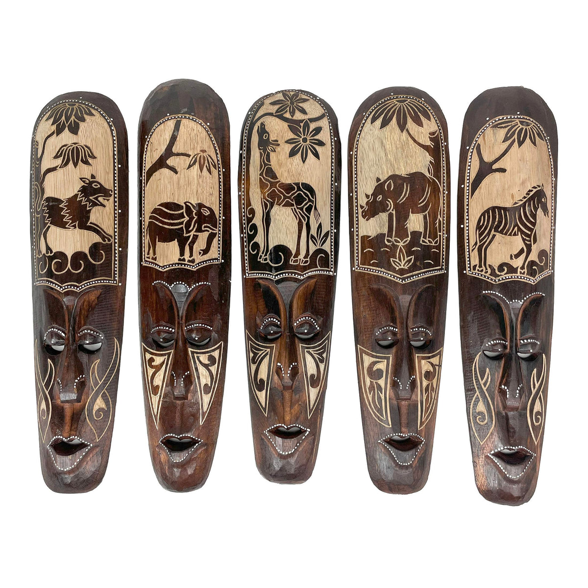 Zeckos Set of 5 African Animal Wall Masks, Hand-Carved Wood, 20 Inch