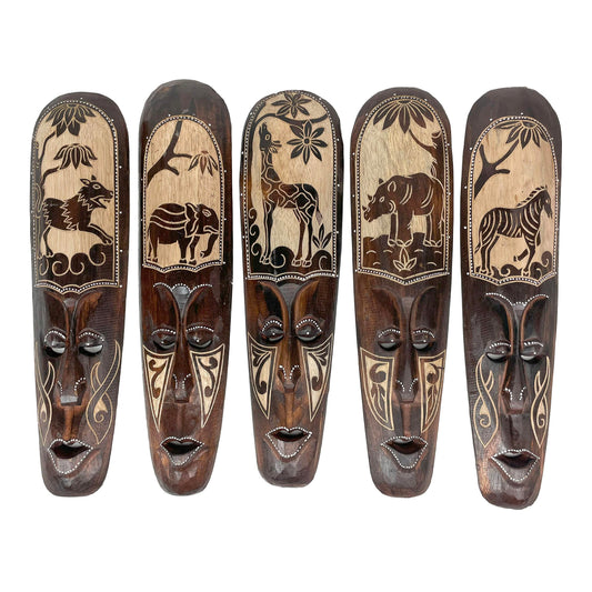 Zeckos Set of 5 African Animal Wall Masks, Hand-Carved Wood, 20 Inch