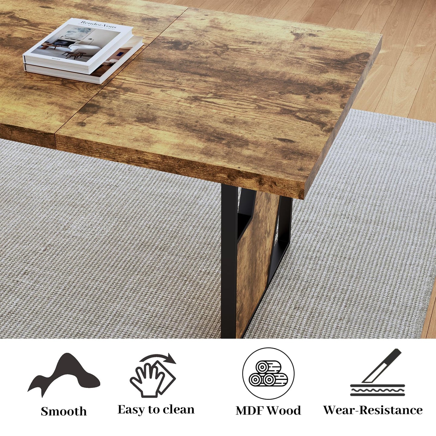 HIPIHOM 70.8" Wooden Dining Table with 2 Benches, Modern Kitchen Table and Chairs Set for 4-6 Person, Thickened MDF Wooden Table with Dining Bench for Living Dining Room, Kitchen, Office
