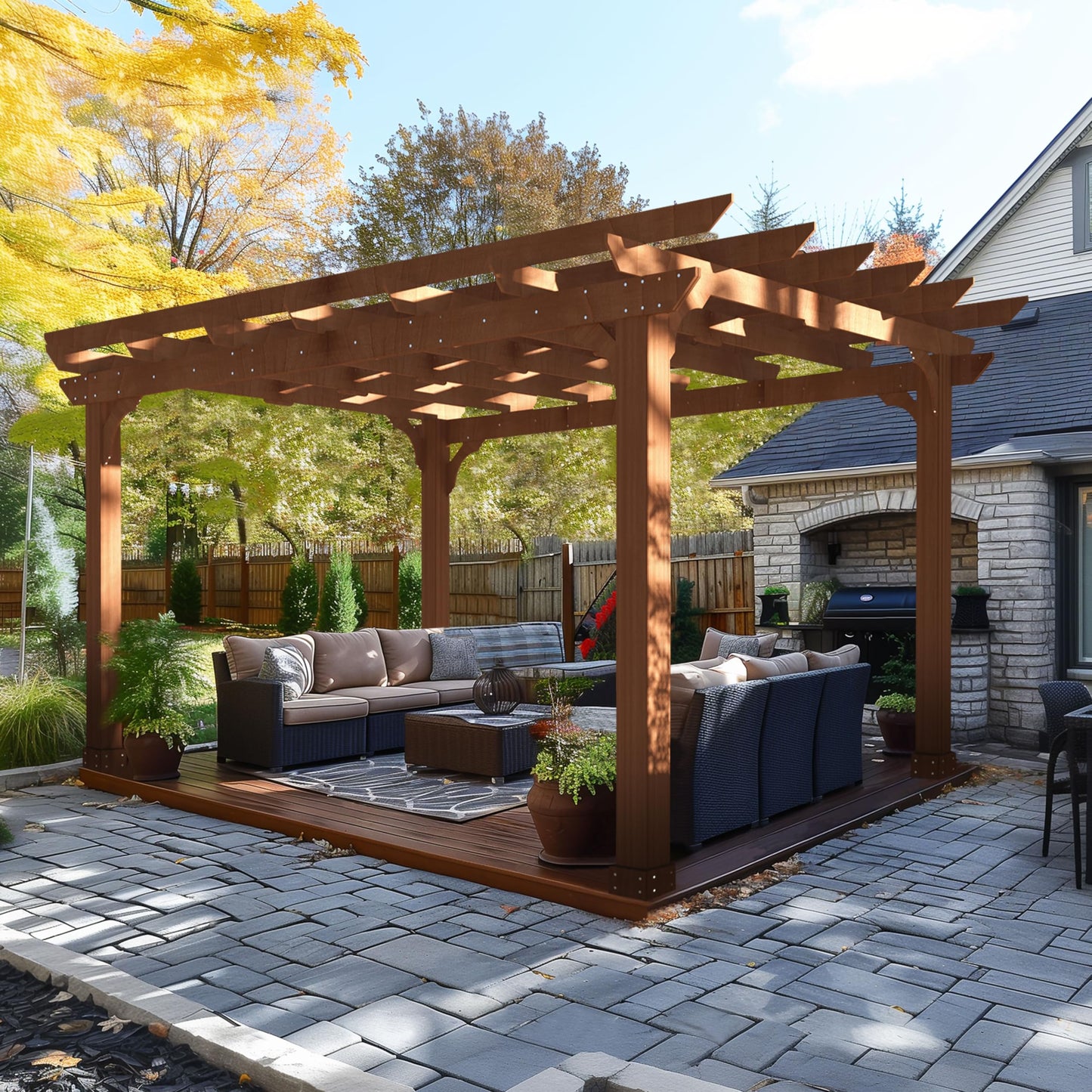 BlueWish 10' x 12' Patio Pergola, Cedar Wood Pergolas with Solid Structure, Pergola Kits, Outdoor Pergolas and Gazebos with Slatted Trellis Roof for Deck Backyard Grill Party Garden