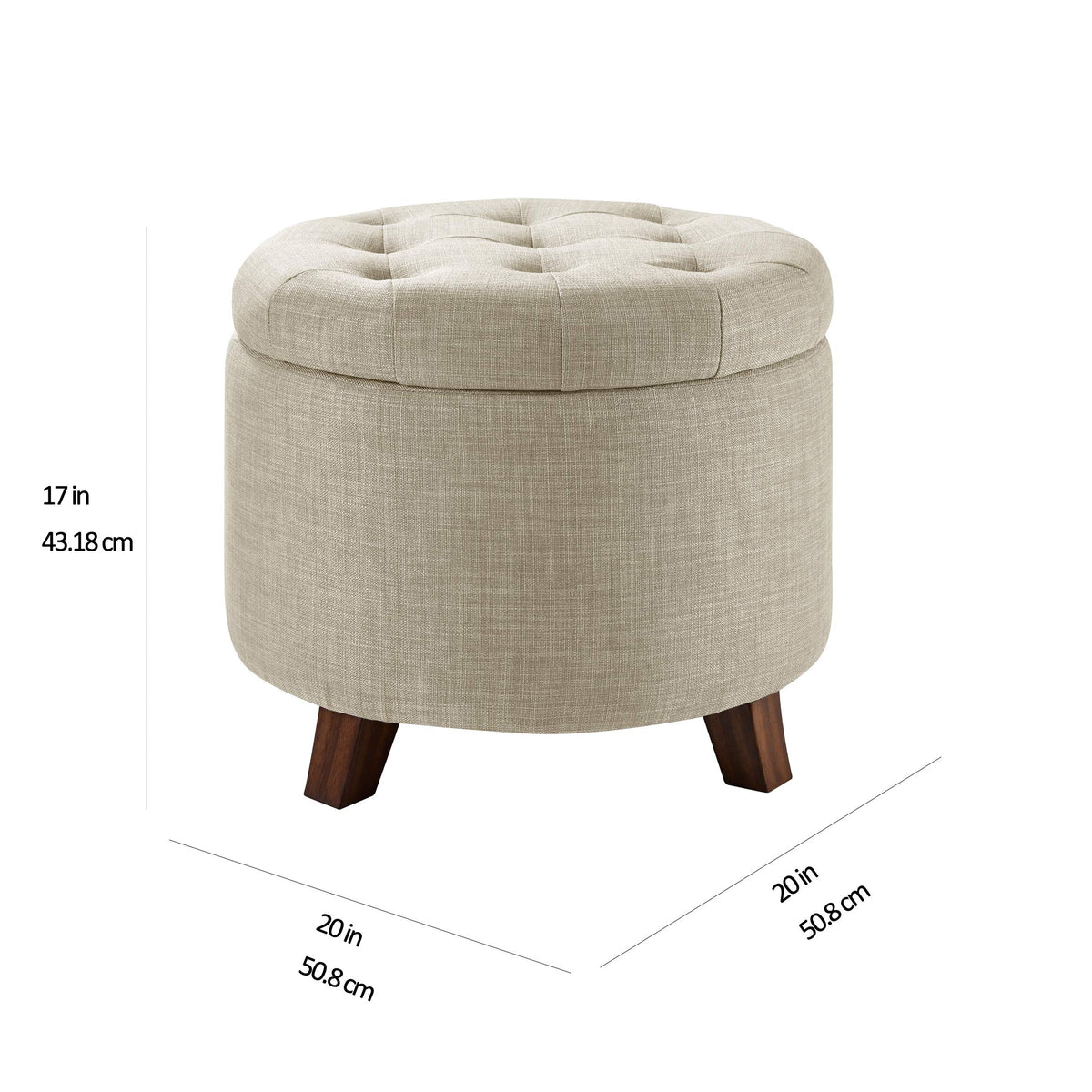 Amazon Basics Round Storage Ottoman Foot Rest, Button Tufted Upholstered Footstool with Storage, Sturdy Linen Fabric for Living Room and Bedroom, 20" x 17", Beige